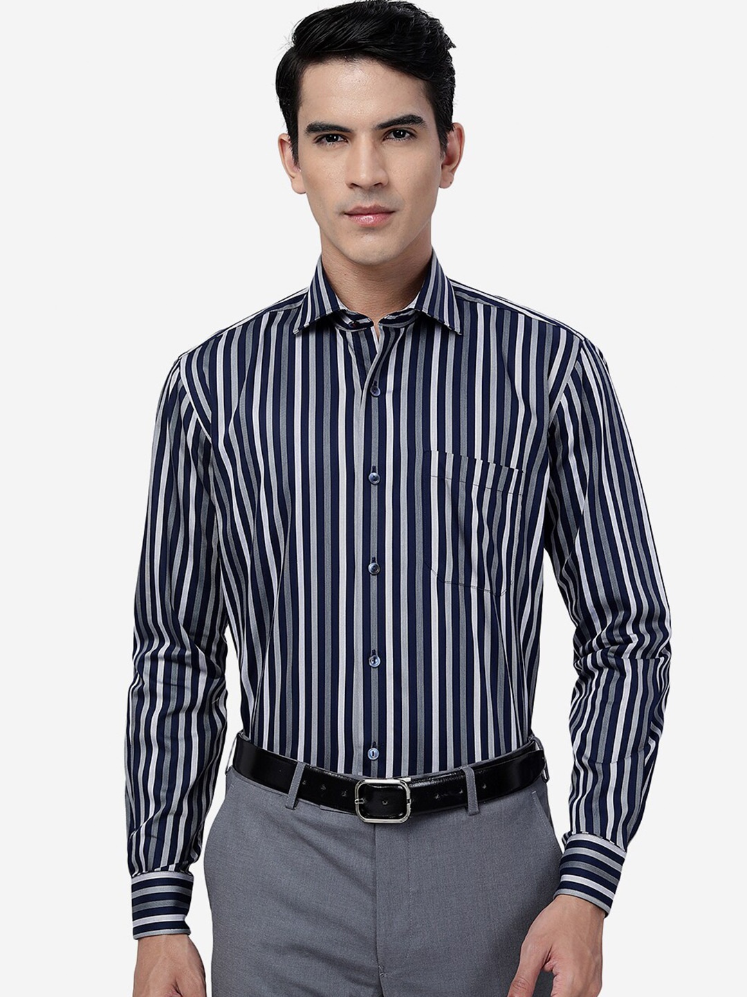 

METAL Striped Spread Collar Slim Fit Cotton Formal Shirt, Navy blue