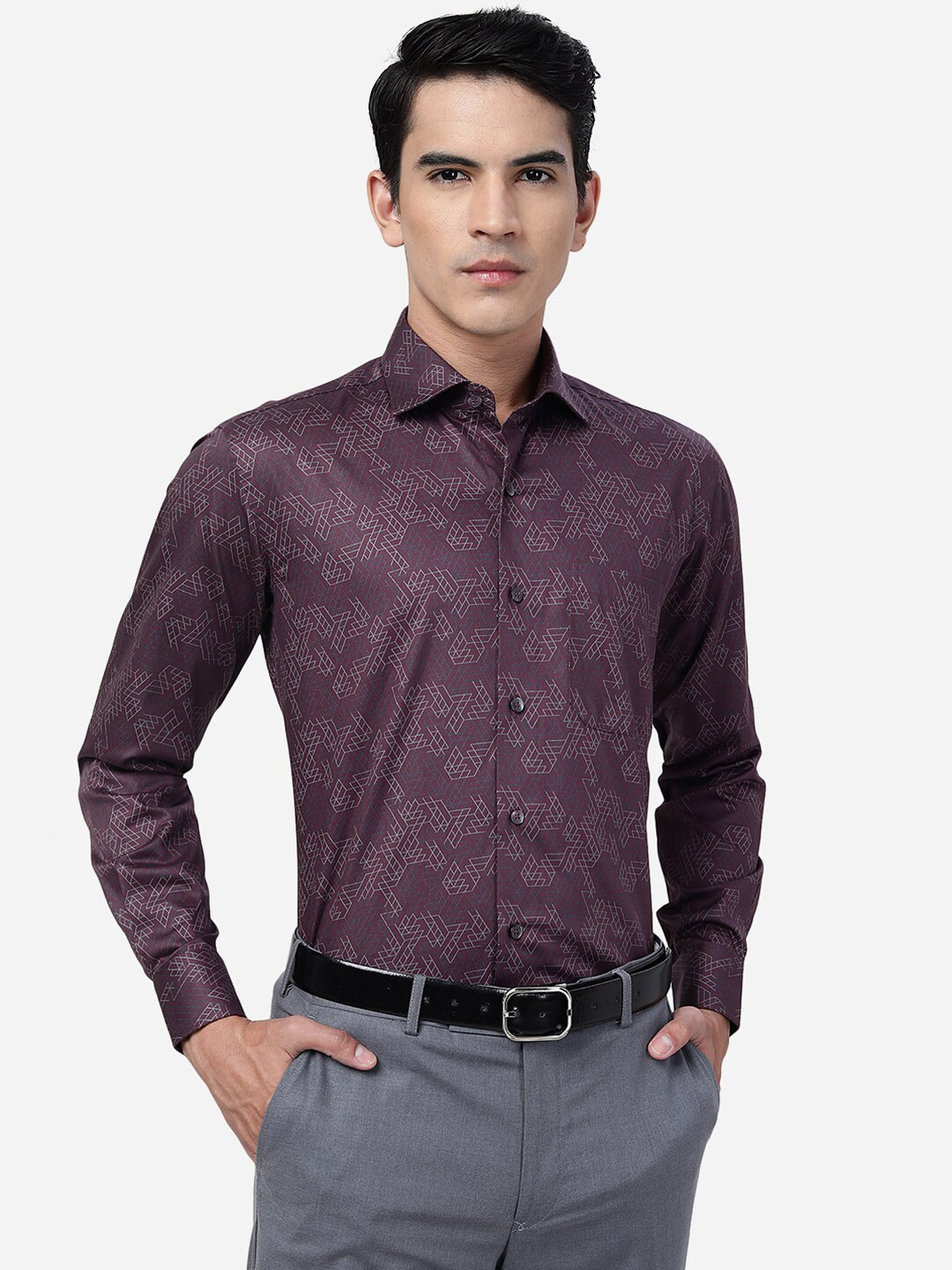 

METAL Geometric Printed Slim Fit Cotton Formal Shirt, Purple