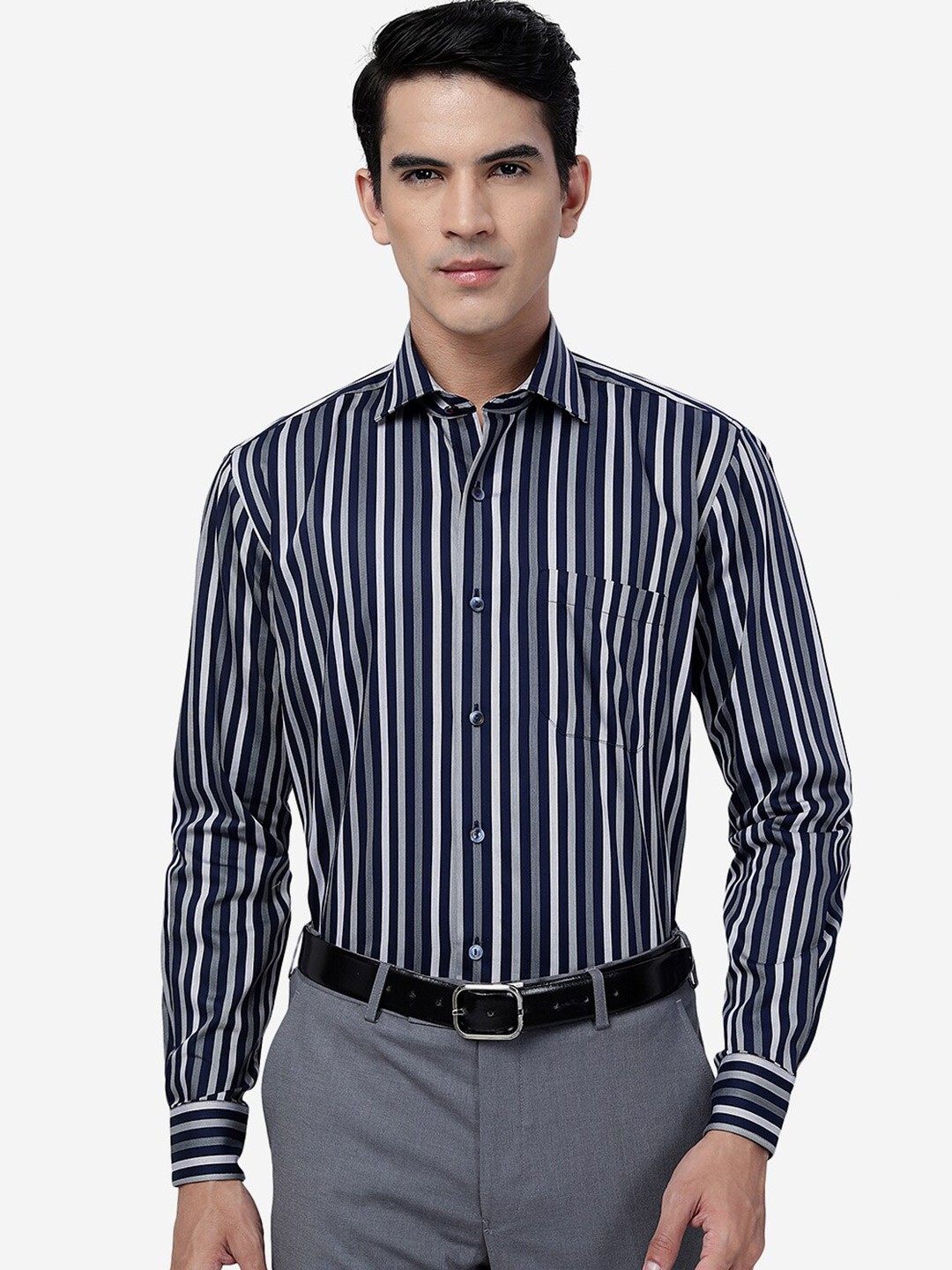 

METAL Slim Fit Vertical Striped Cotton Formal Shirt, Blue