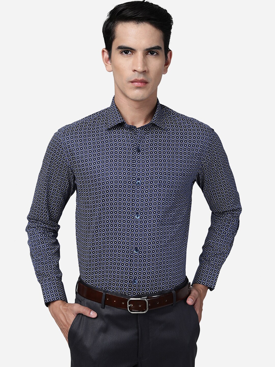 

METAL Geometric Printed Slim Fit Cotton Formal Shirt, Blue