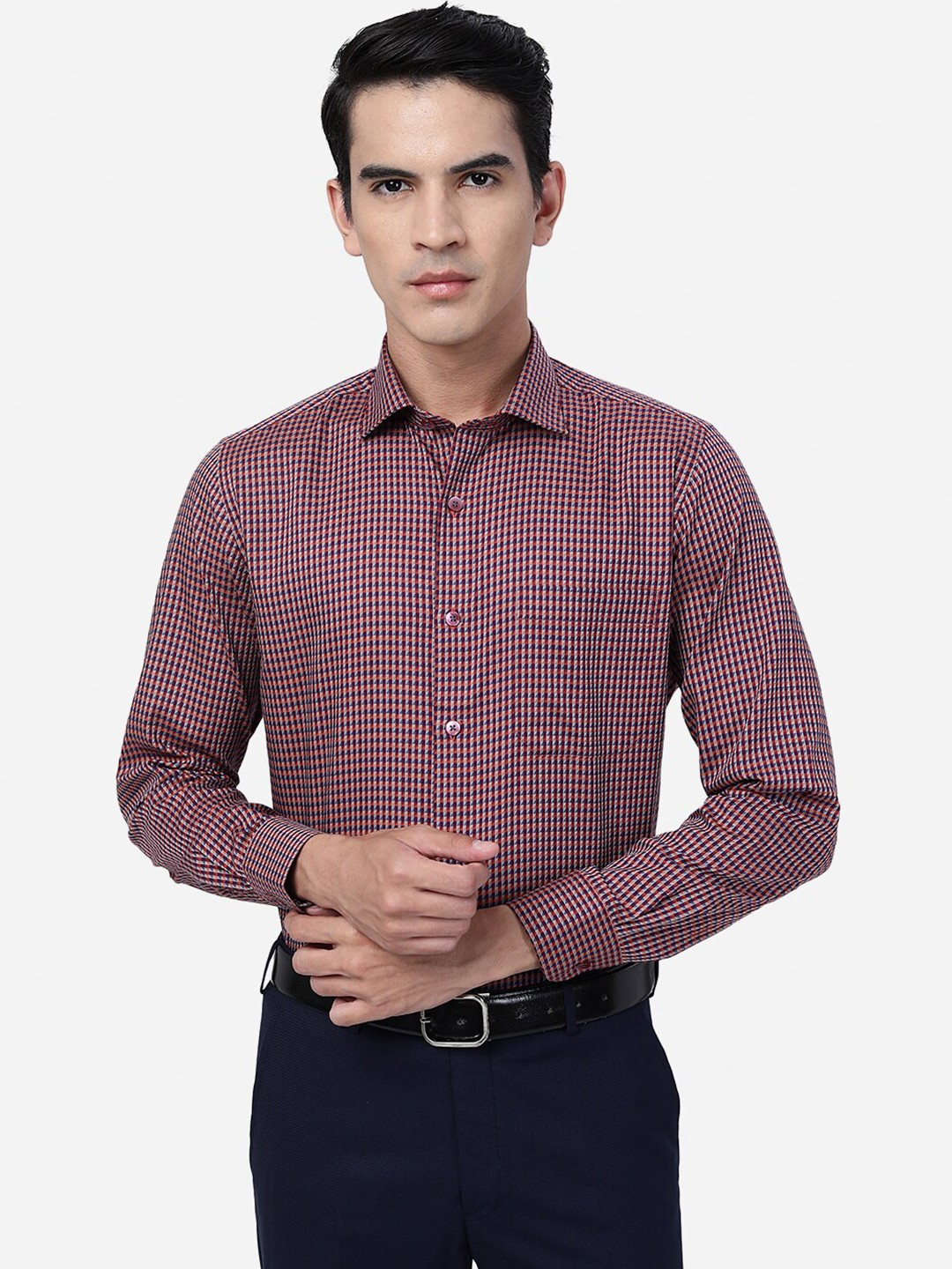 

METAL Slim Fit Checked Cotton Formal Shirt, Maroon
