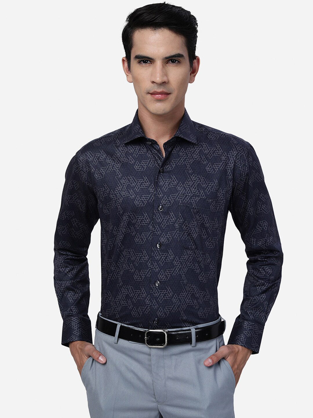 

METAL Slim Fit Geometric Printed Cotton Formal Shirt, Blue