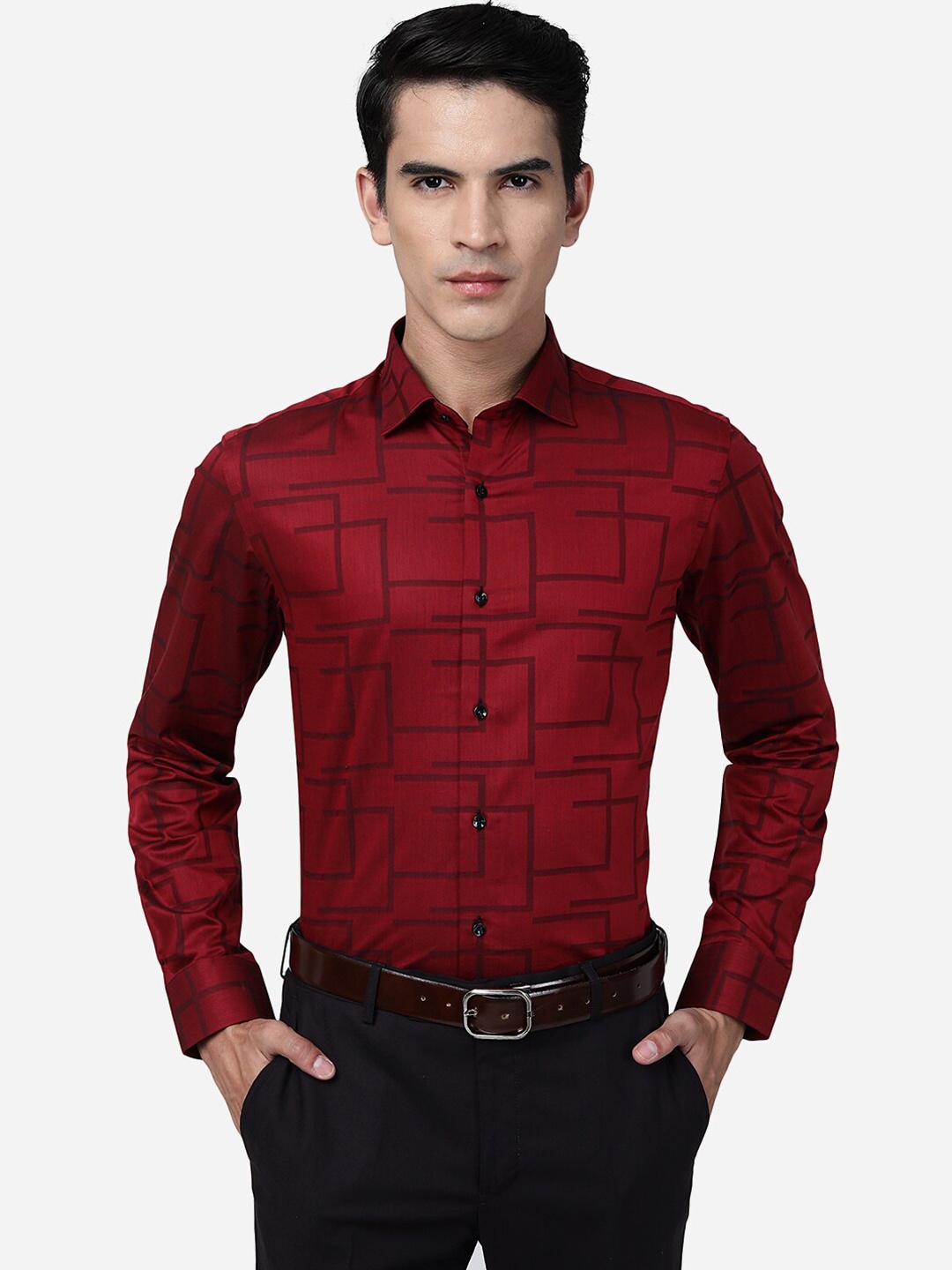 

WYRE Slim Fit Geometric Printed Cotton Formal Shirt, Red