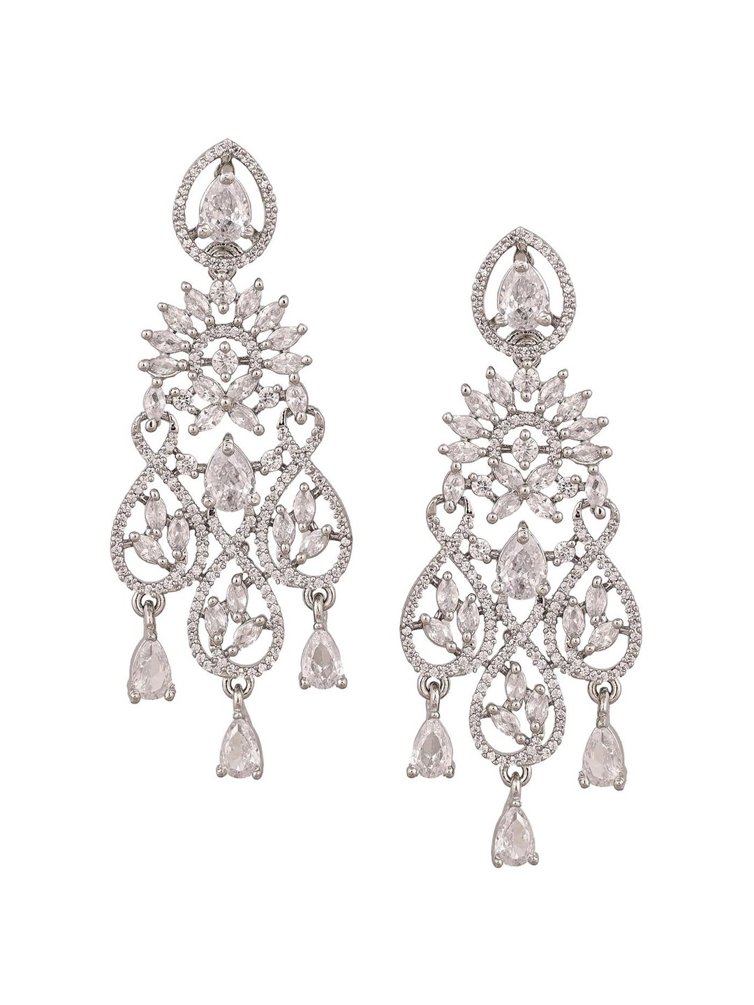

RATNAVALI JEWELS Silver-Plated American Diamond Studded Teardrop Shaped Drop Earrings