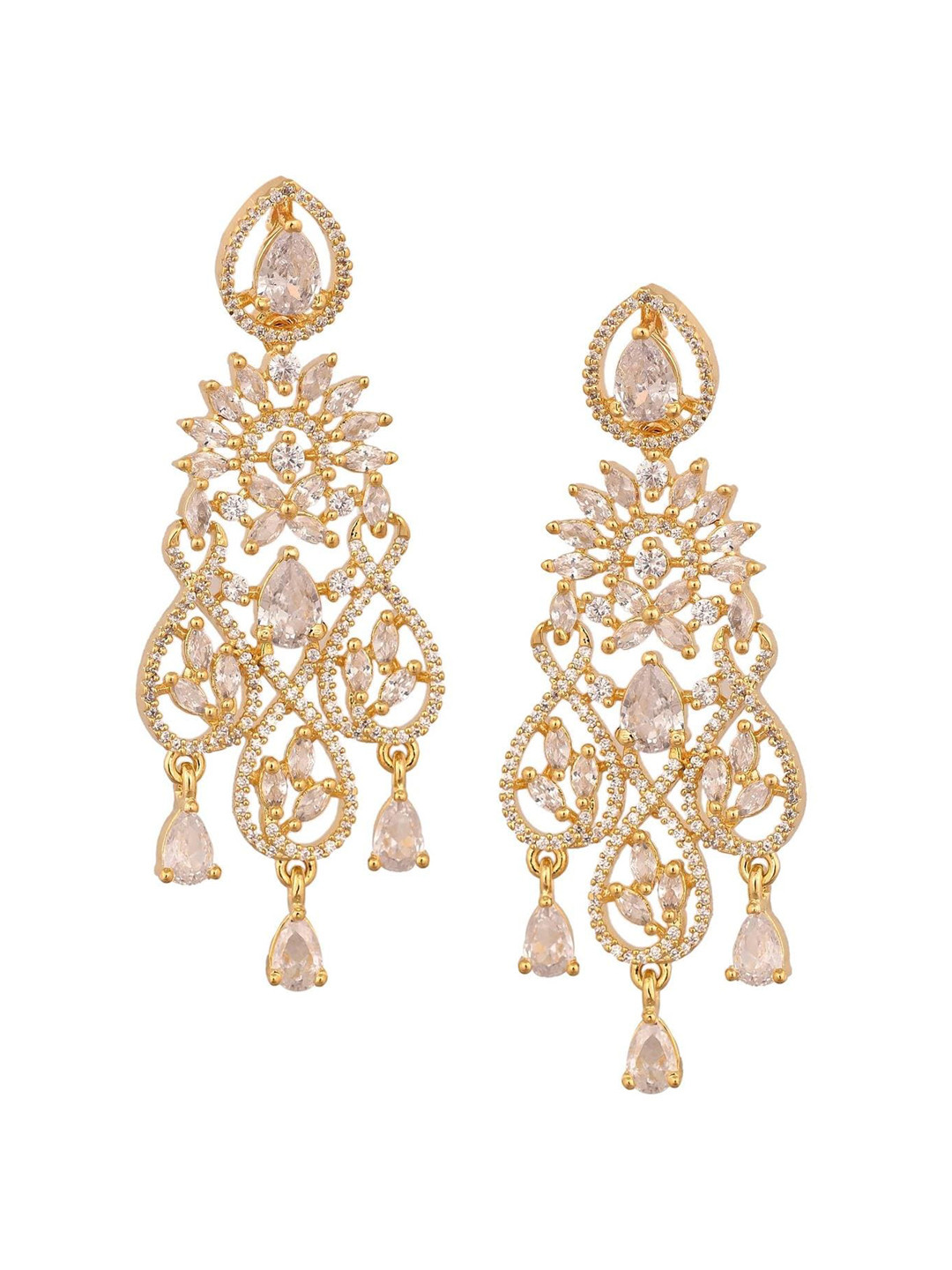 

RATNAVALI JEWELS Gold-Plated AD Studded Teardrop Shaped Drop Earrings
