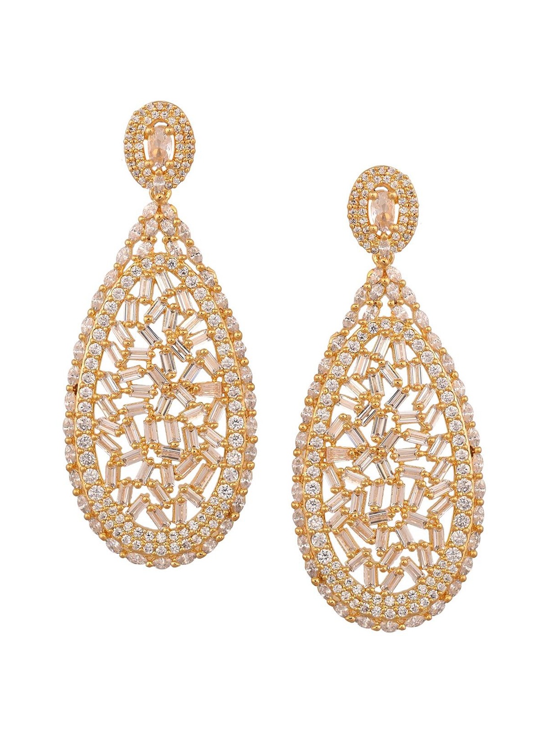 

RATNAVALI JEWELS Gold-Plated AD Studded Teardrop Shaped Drop Earrings