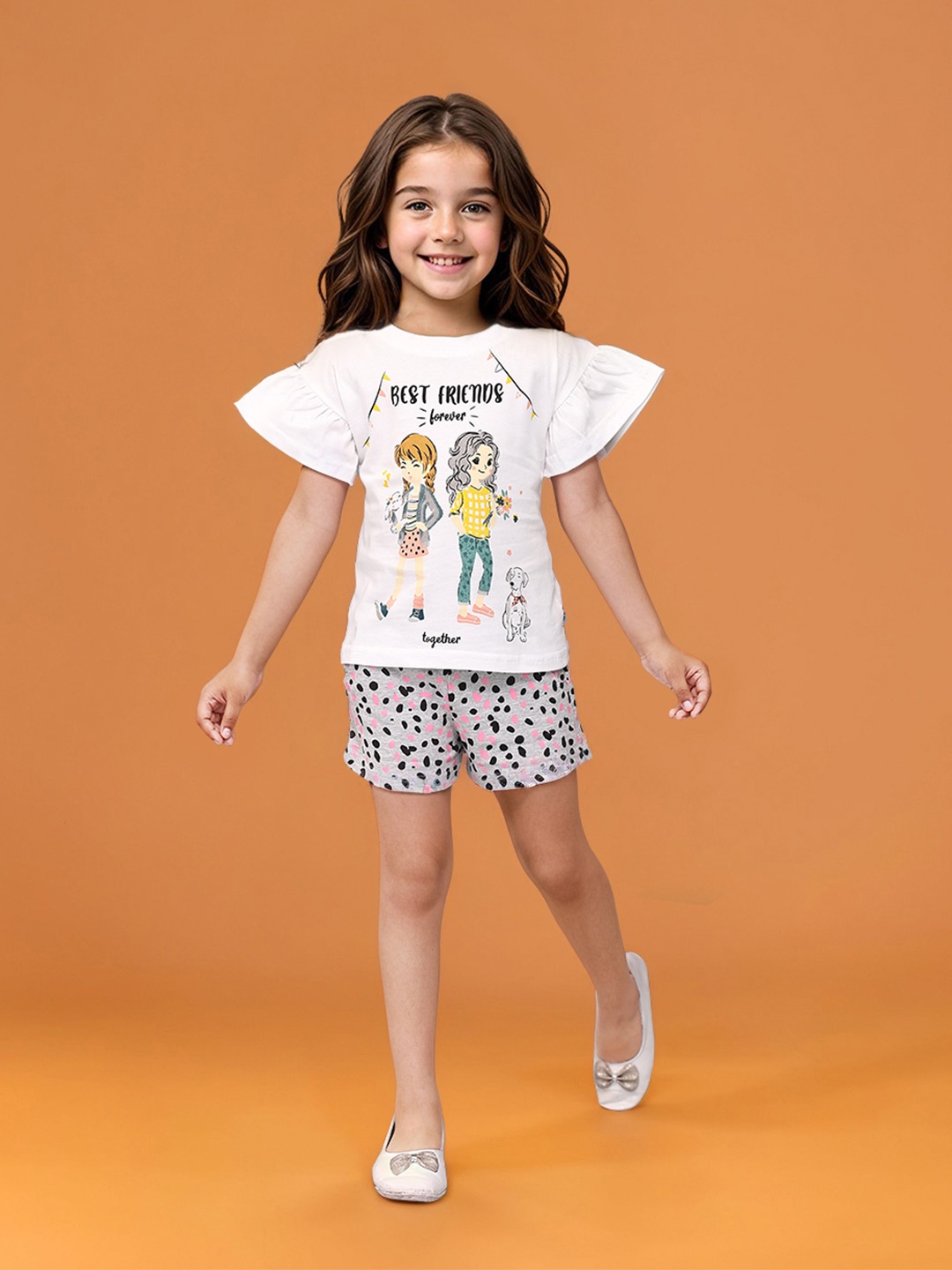 

Toonyport Girls Printed Pure Cotton T-shirt with Shorts, White