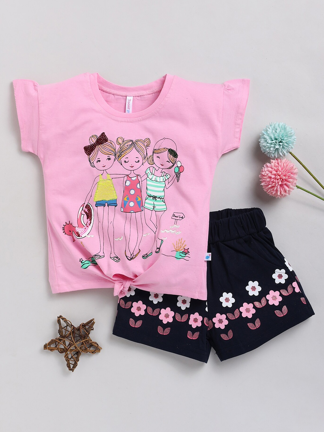 

Toonyport Girls Printed Pure Cotton T-shirt with Shorts, Pink