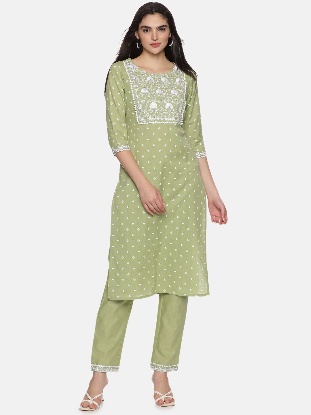 

Palakh Ethnic Motifs Printed Regular Thread Work Pure Cotton Kurta with Trousers, Green