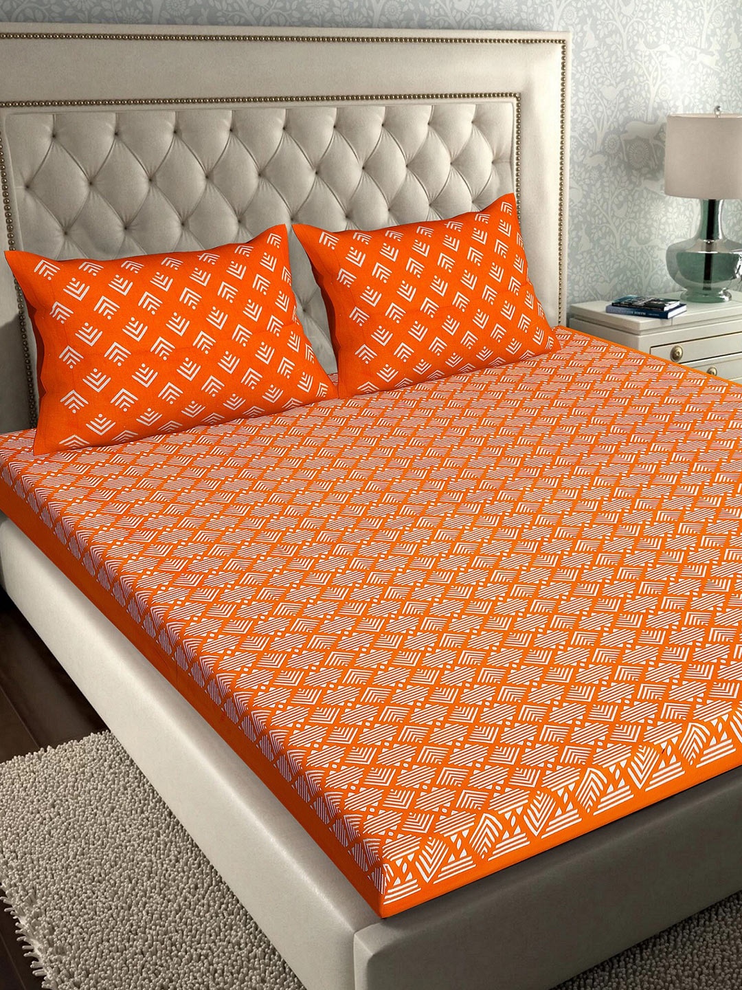 

Rajasthanikart Orange & White Floral 110 TC Queen Bedsheet with 2 Pillow Covers