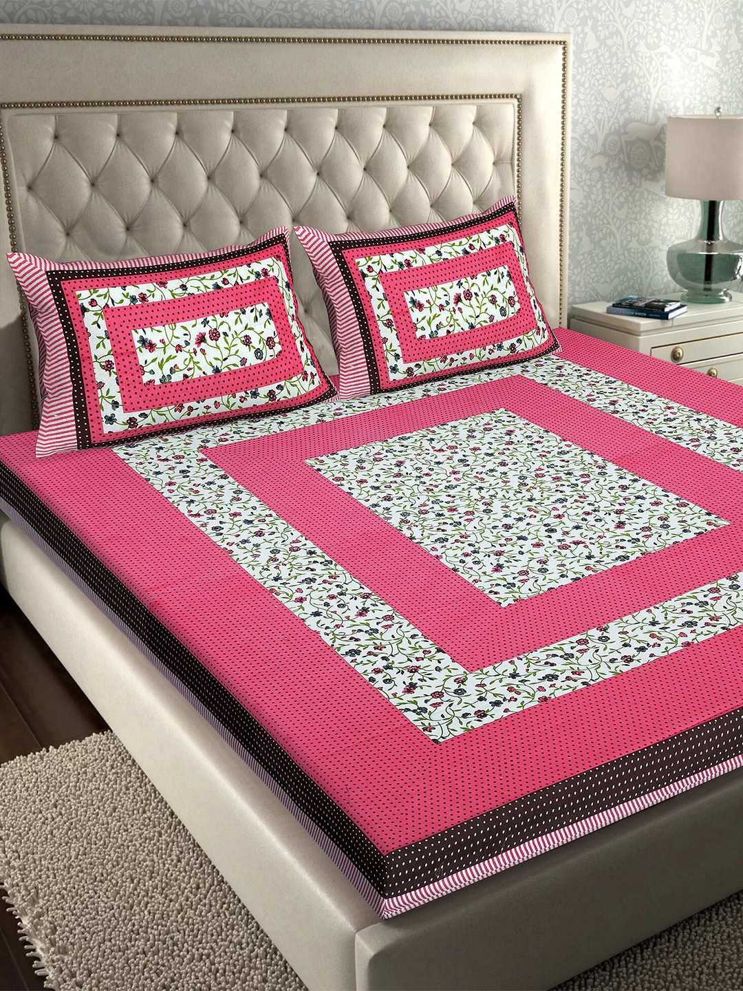 

Rajasthanikart Pink & White Floral 110 TC Queen Bedsheet with 2 Pillow Covers