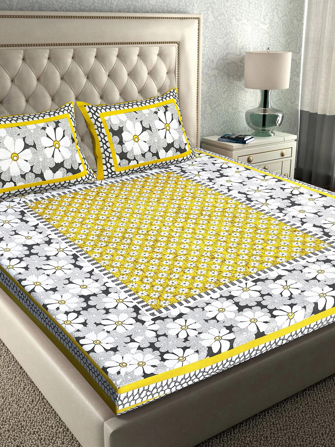 

Rajasthanikart Yellow & White Floral 110 TC Queen Bedsheet with 2 Pillow Covers