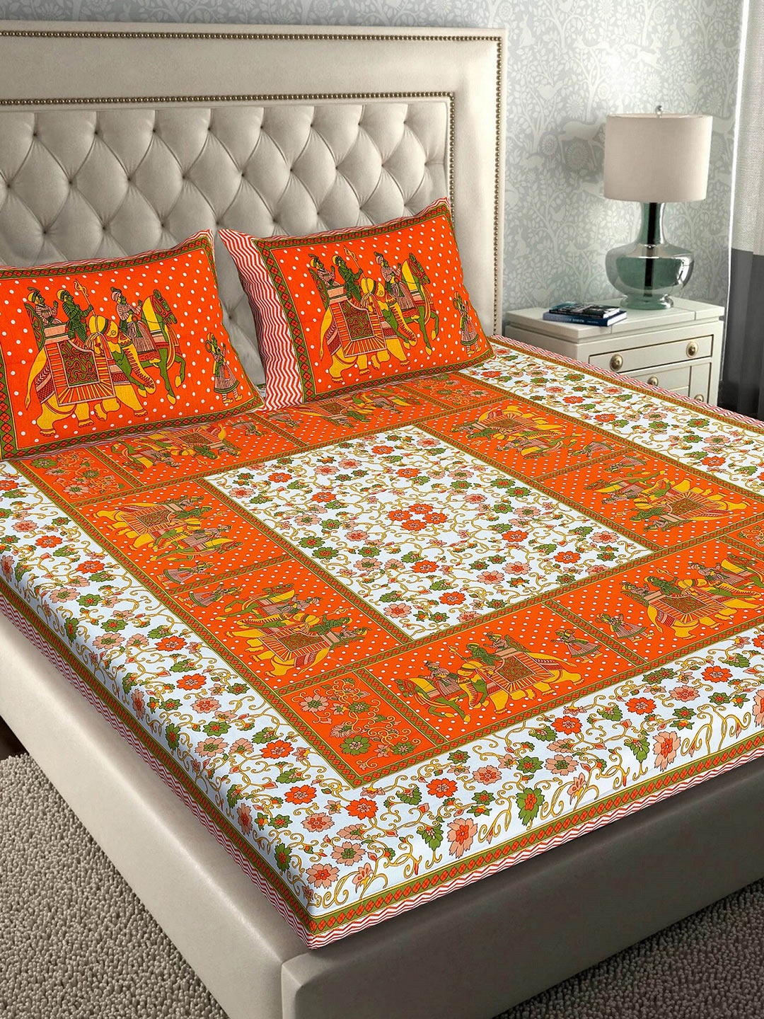 

Rajasthanikart Orange & White Ethnic Motifs 110 TC Queen Bedsheet with 2 Pillow Covers