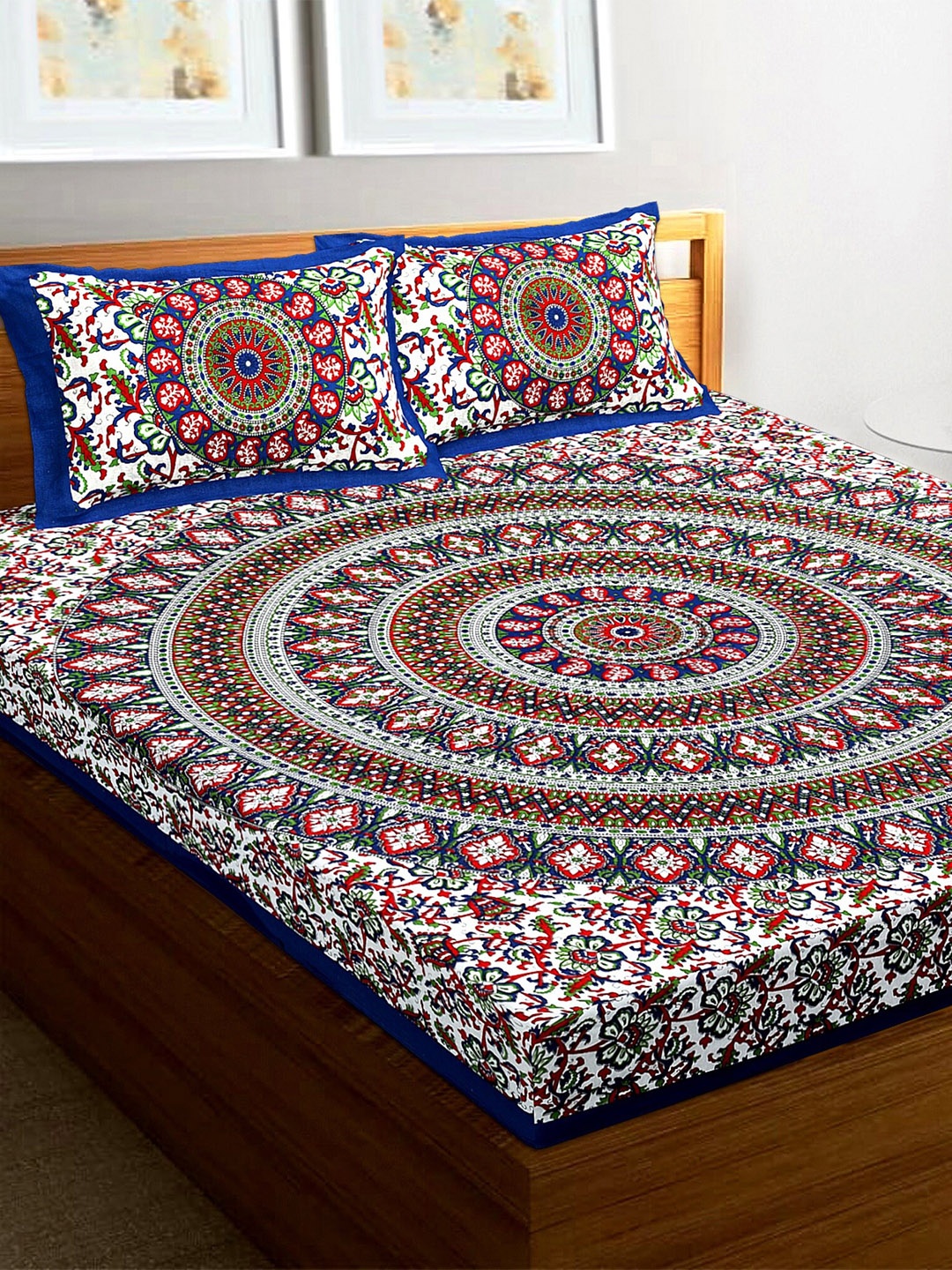 

Rajasthanikart Blue & White Ethnic Motifs 110 TC Queen Bedsheet with 2 Pillow Covers