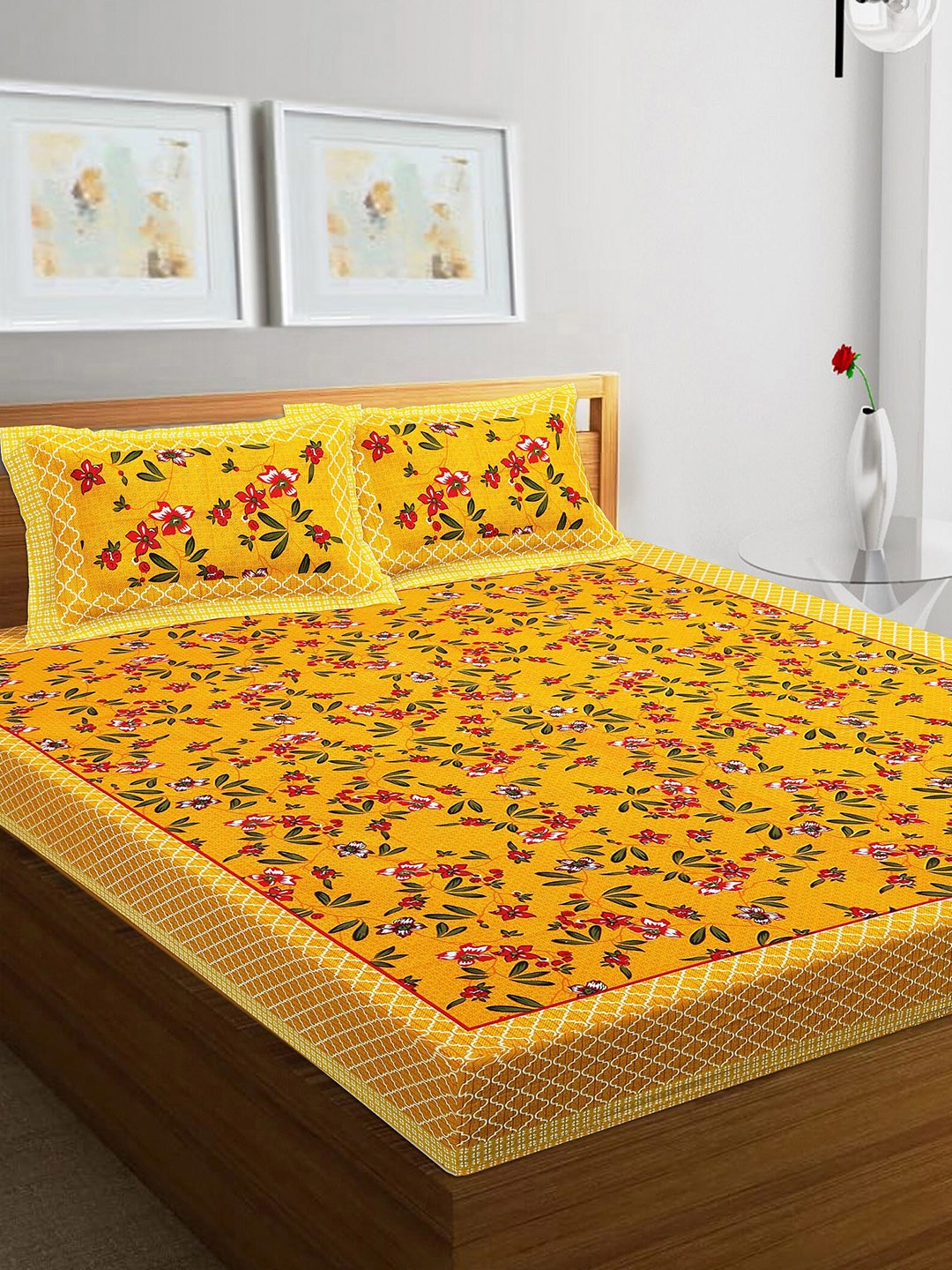 

Rajasthanikart Yellow & Red Floral 110 TC Queen Bedsheet with 2 Pillow Covers