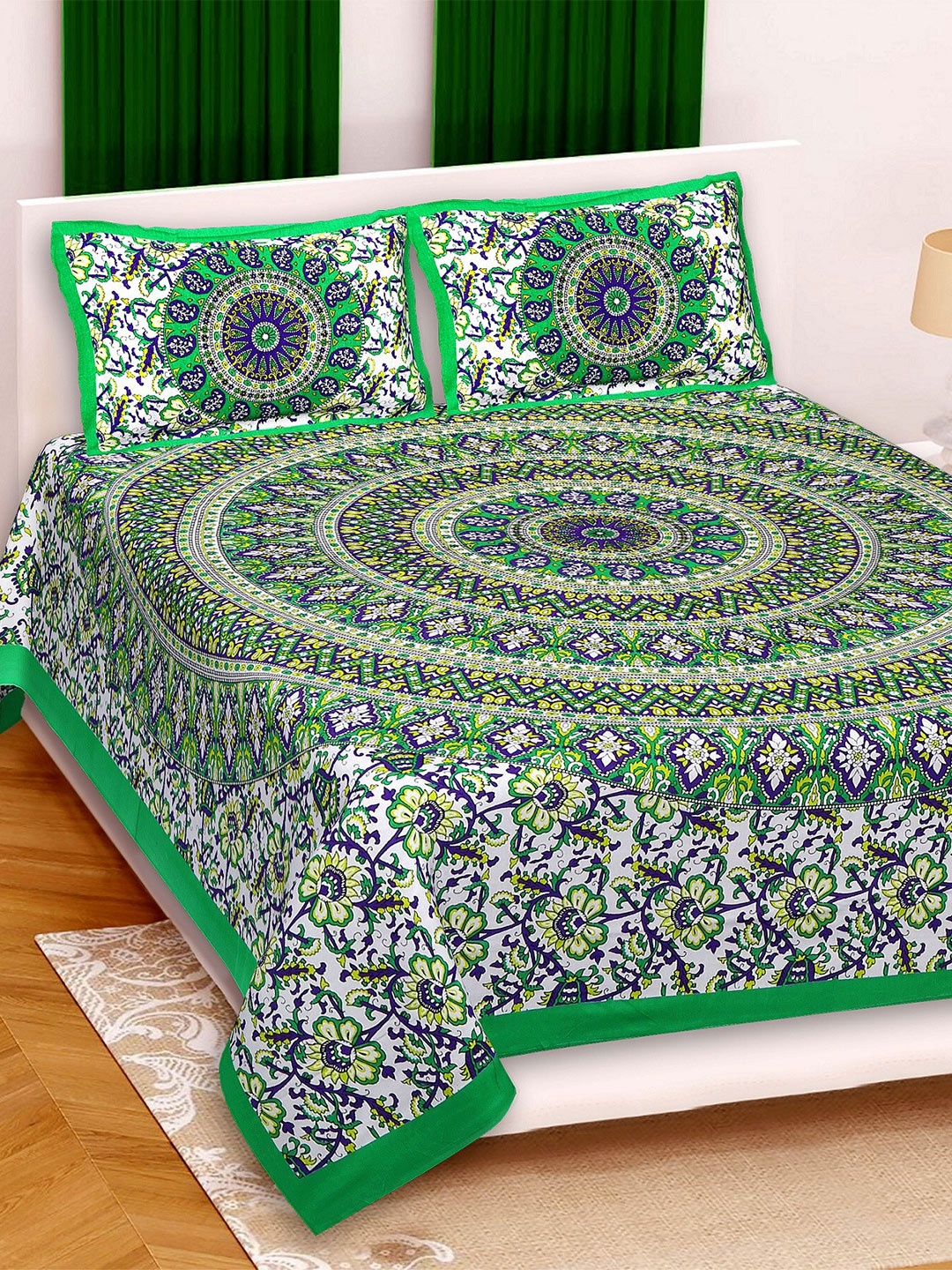 

Rajasthanikart Green & White Ethnic Motifs 110 TC Queen Bedsheet with 2 Pillow Covers