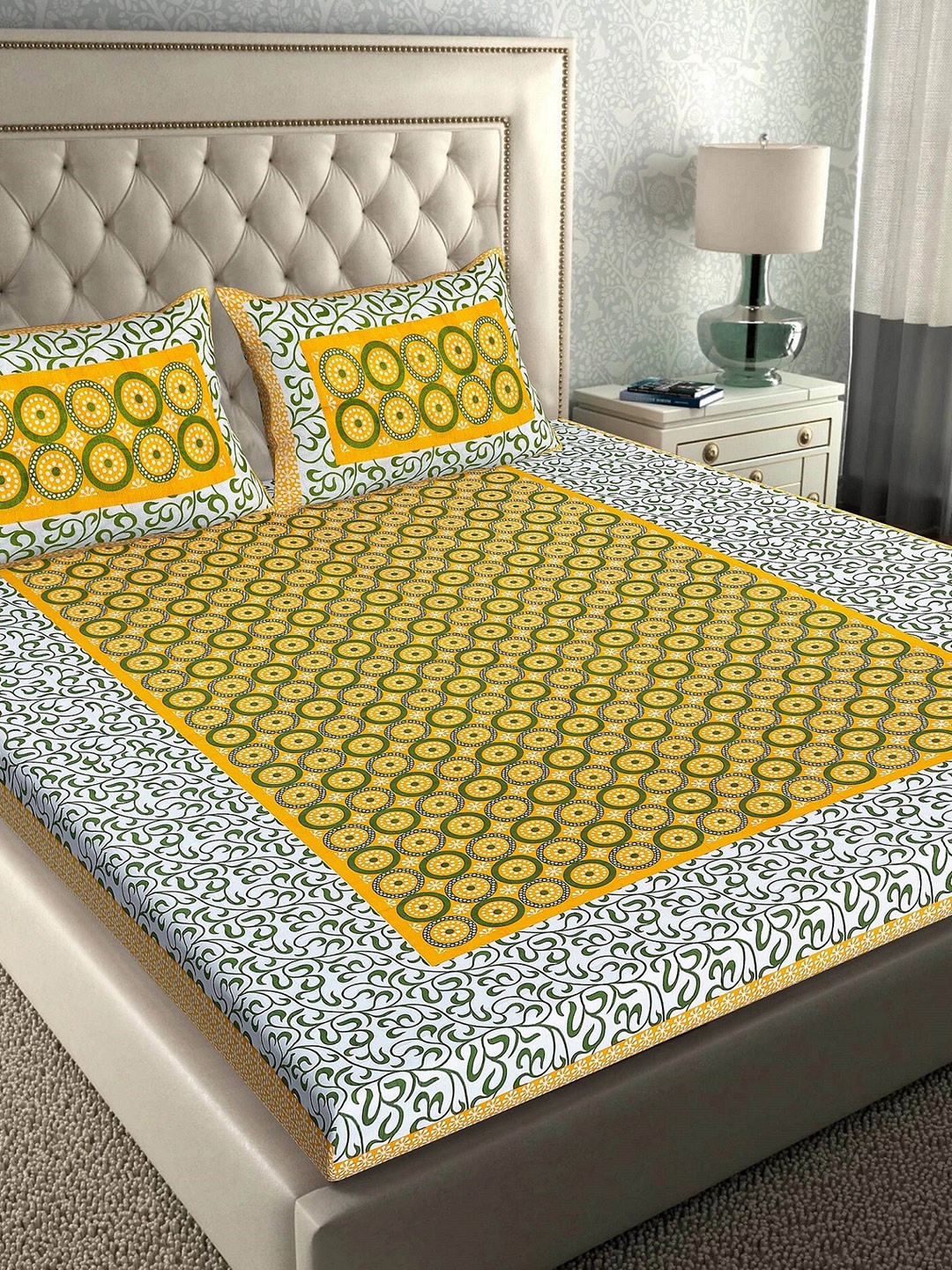 

Rajasthanikart Yellow & Green Floral 110 TC Queen Bedsheet with 2 Pillow Covers