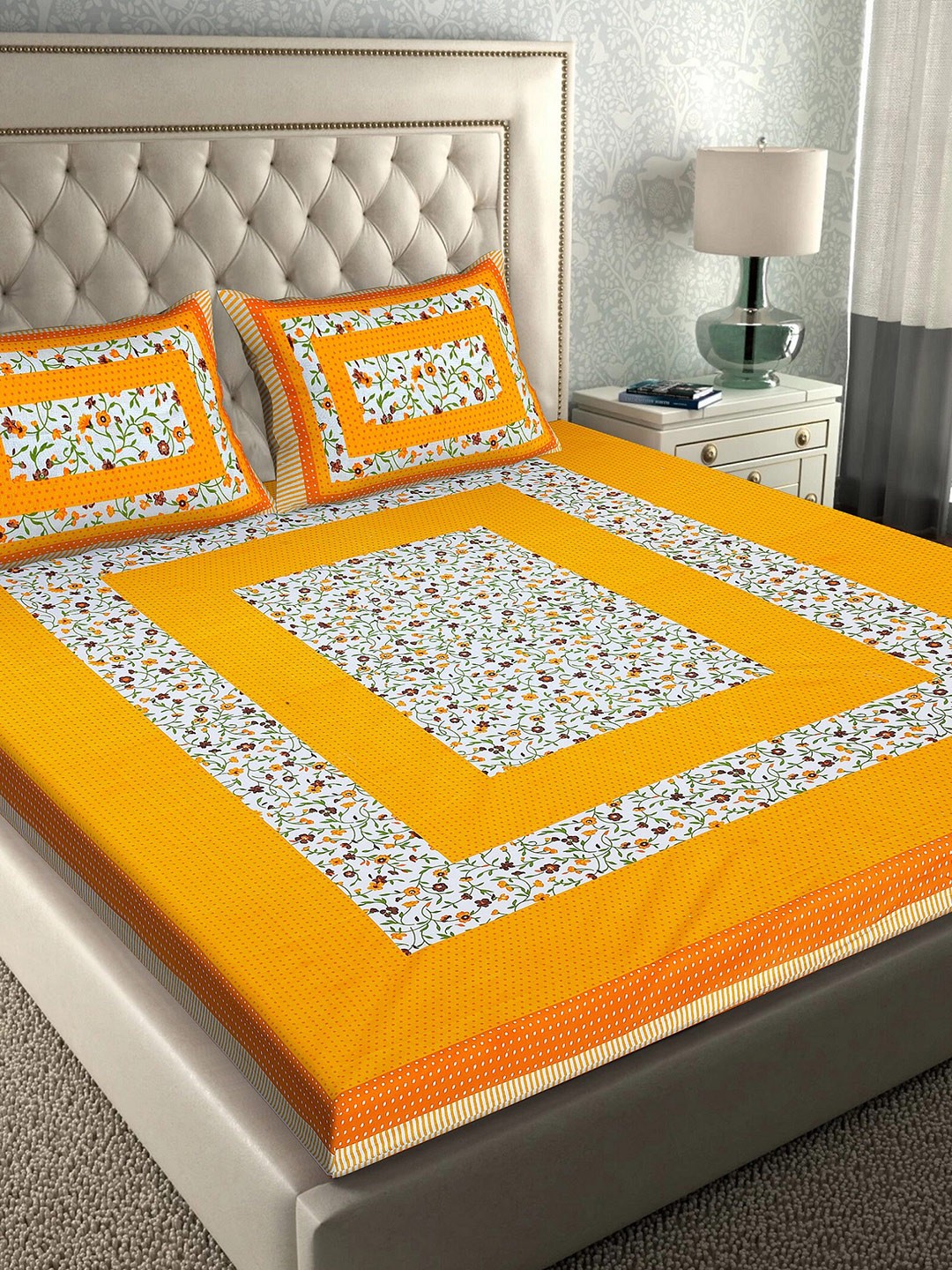 

Rajasthanikart Yellow & White Floral 110 TC Queen Bedsheet with 2 Pillow Covers