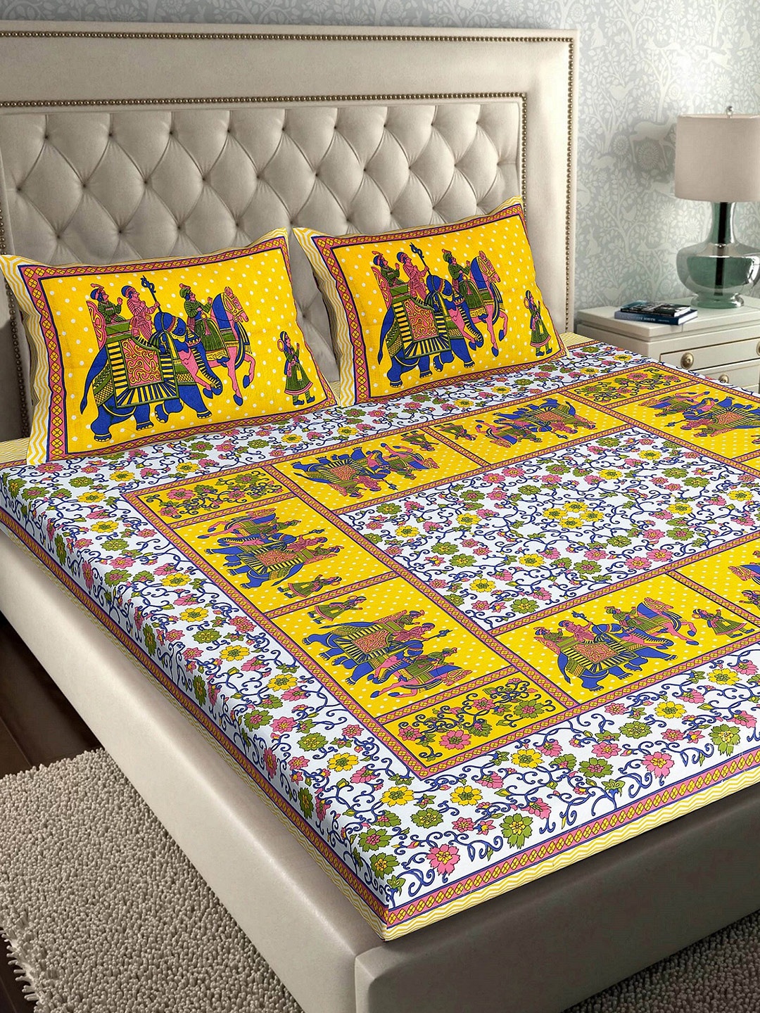 

Rajasthanikart Yellow & Blue Ethnic Motifs 110 TC Queen Bedsheet with 2 Pillow Covers