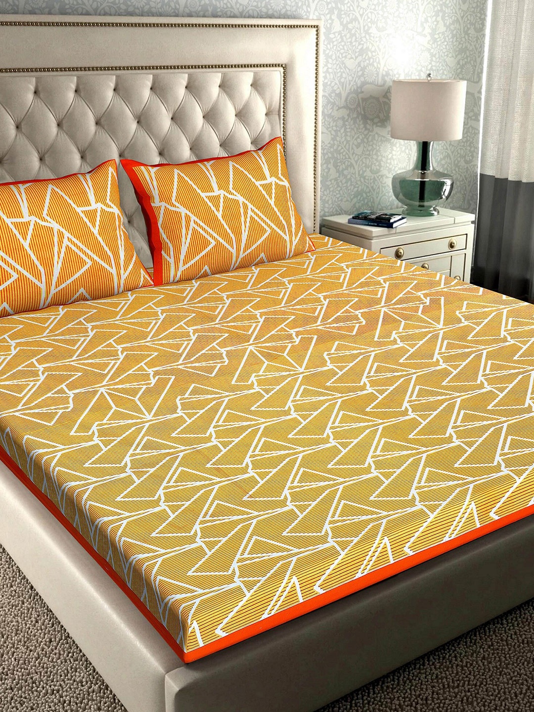 

Rajasthanikart Orange & Yellow Geometric 110 TC Queen Bedsheet with 2 Pillow Covers