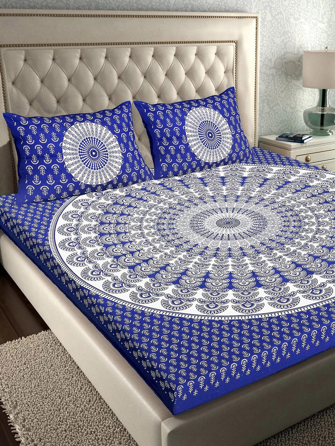 

Rajasthanikart Blue & White Ethnic Motifs 110 TC Queen Bedsheet with 2 Pillow Covers