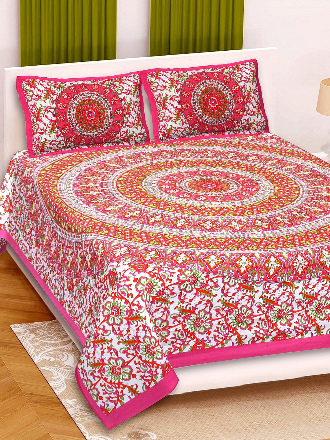 

Rajasthanikart Pink & White Ethnic Motifs 110 TC Queen Bedsheet with 2 Pillow Covers