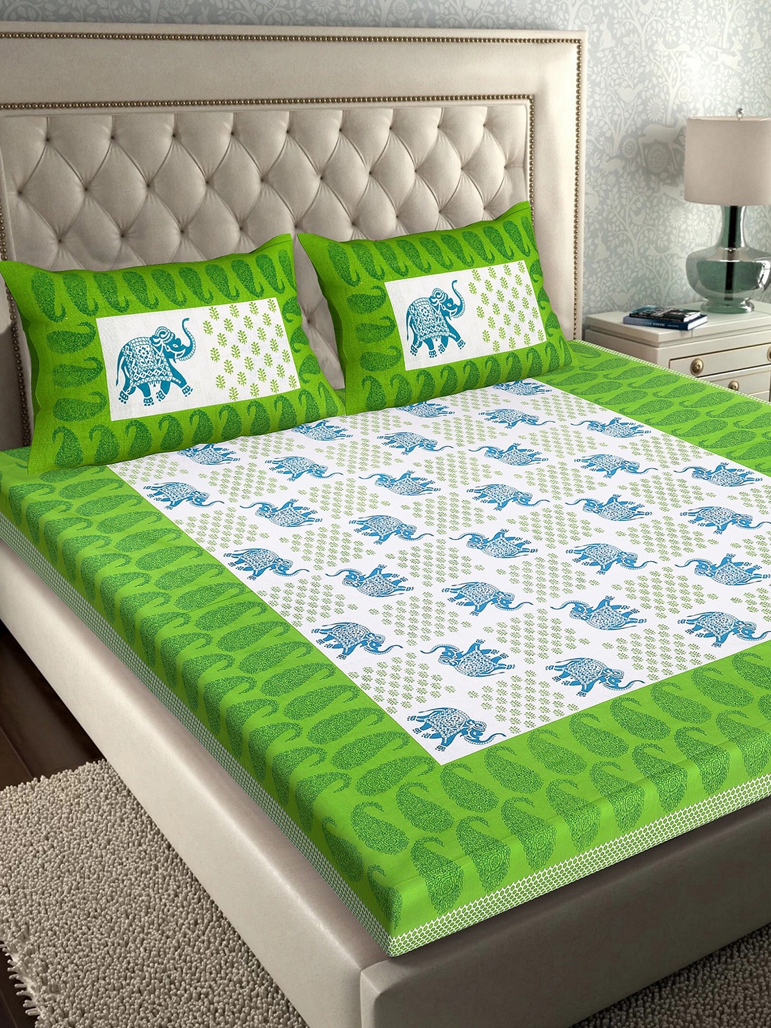 

Rajasthanikart Green & White Floral 110 TC Queen Bedsheet with 2 Pillow Covers