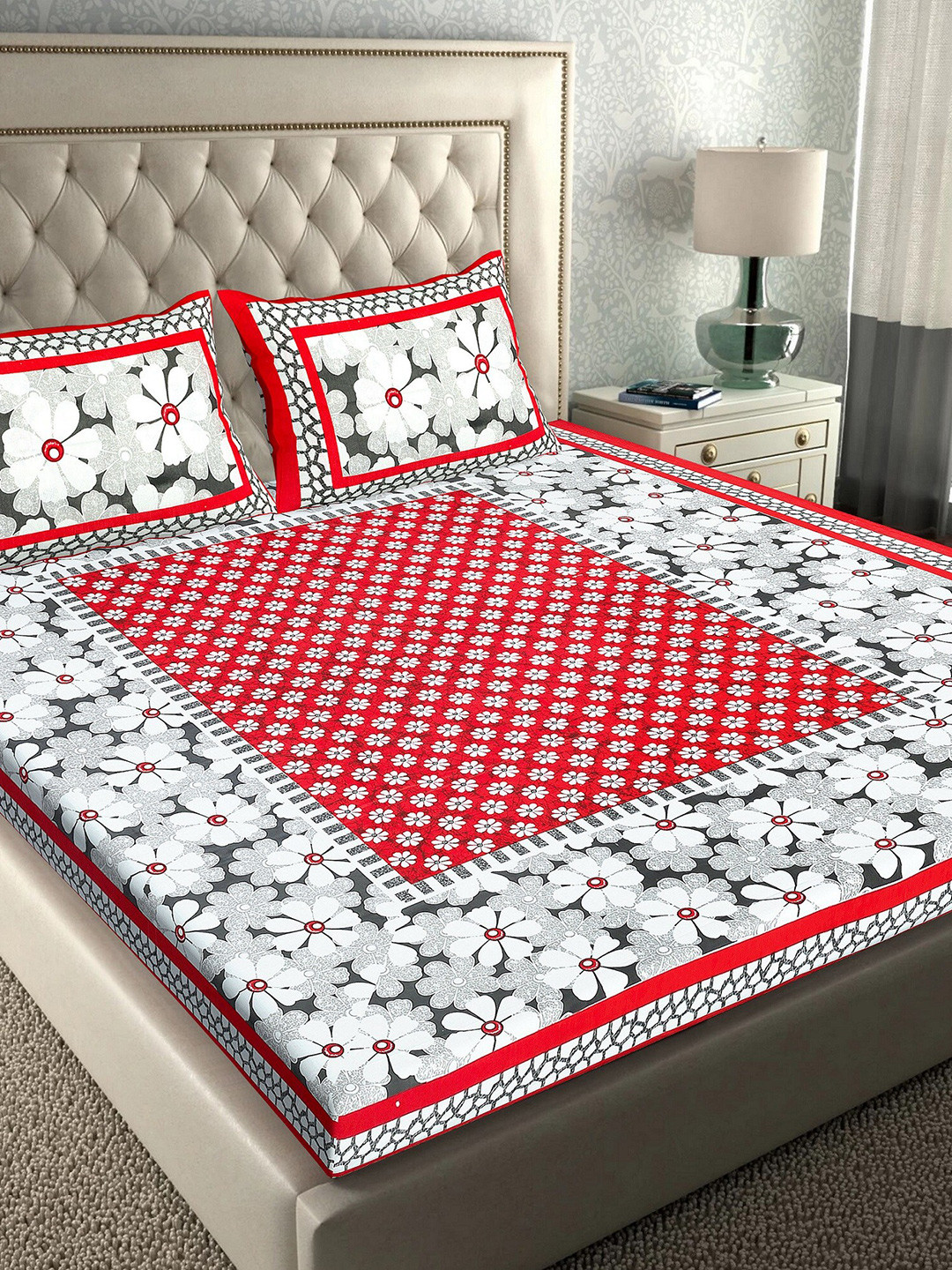 

Rajasthanikart Red & White Floral 110 TC Queen Bedsheet with 2 Pillow Covers