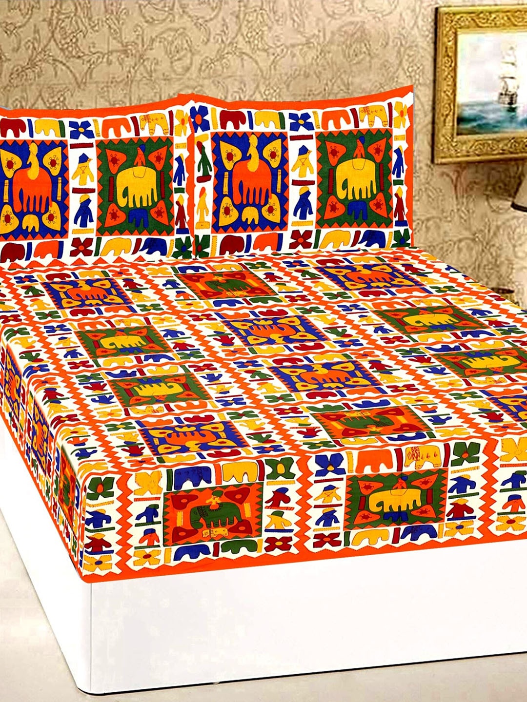 

Rajasthanikart Orange & Blue Ethnic Motifs Cotton 110 TC Queen Bedsheet & 2 Pillow Covers