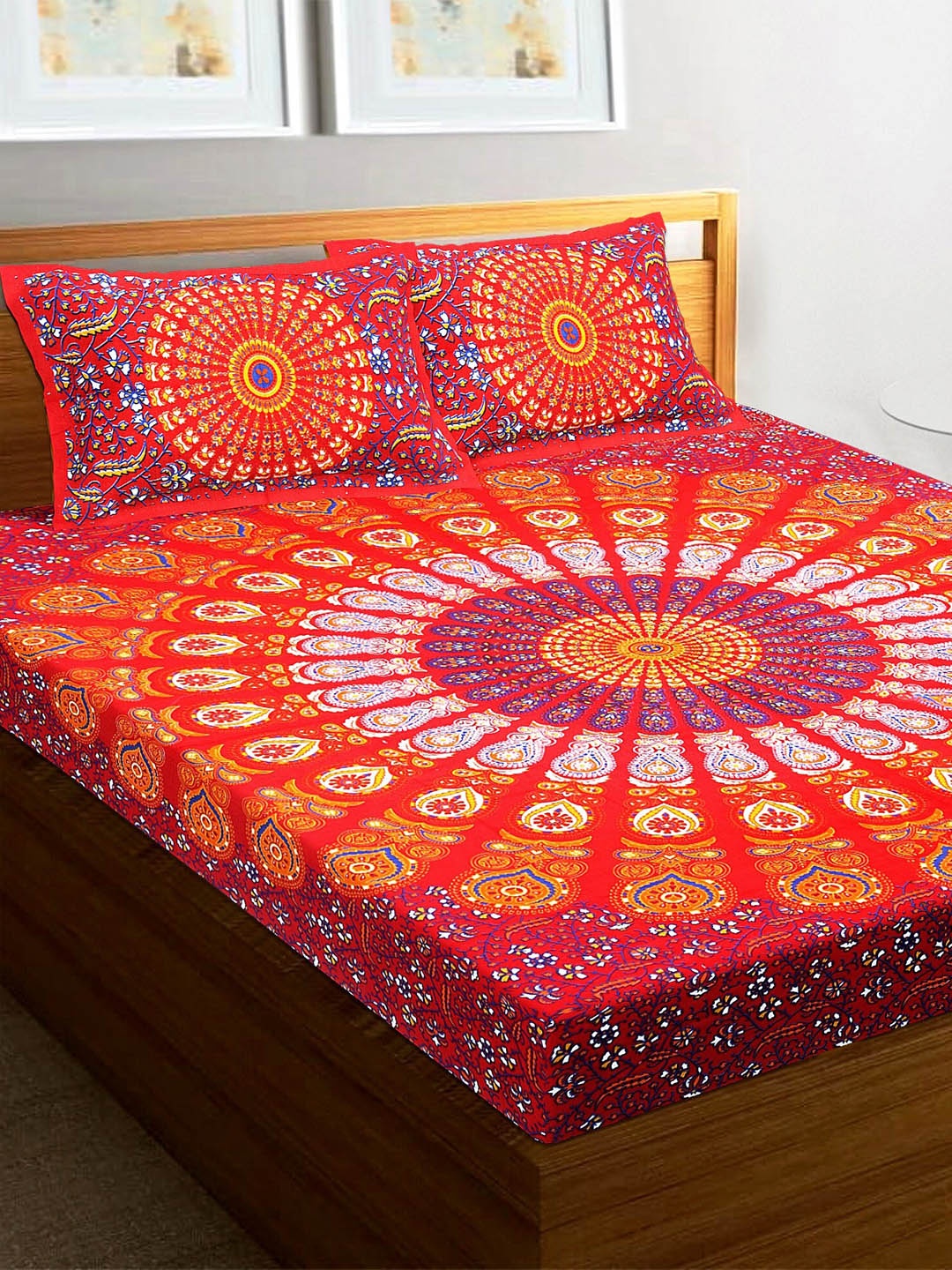 

Rajasthanikart Red & Blue Floral 110 TC Queen Bedsheet with 2 Pillow Covers