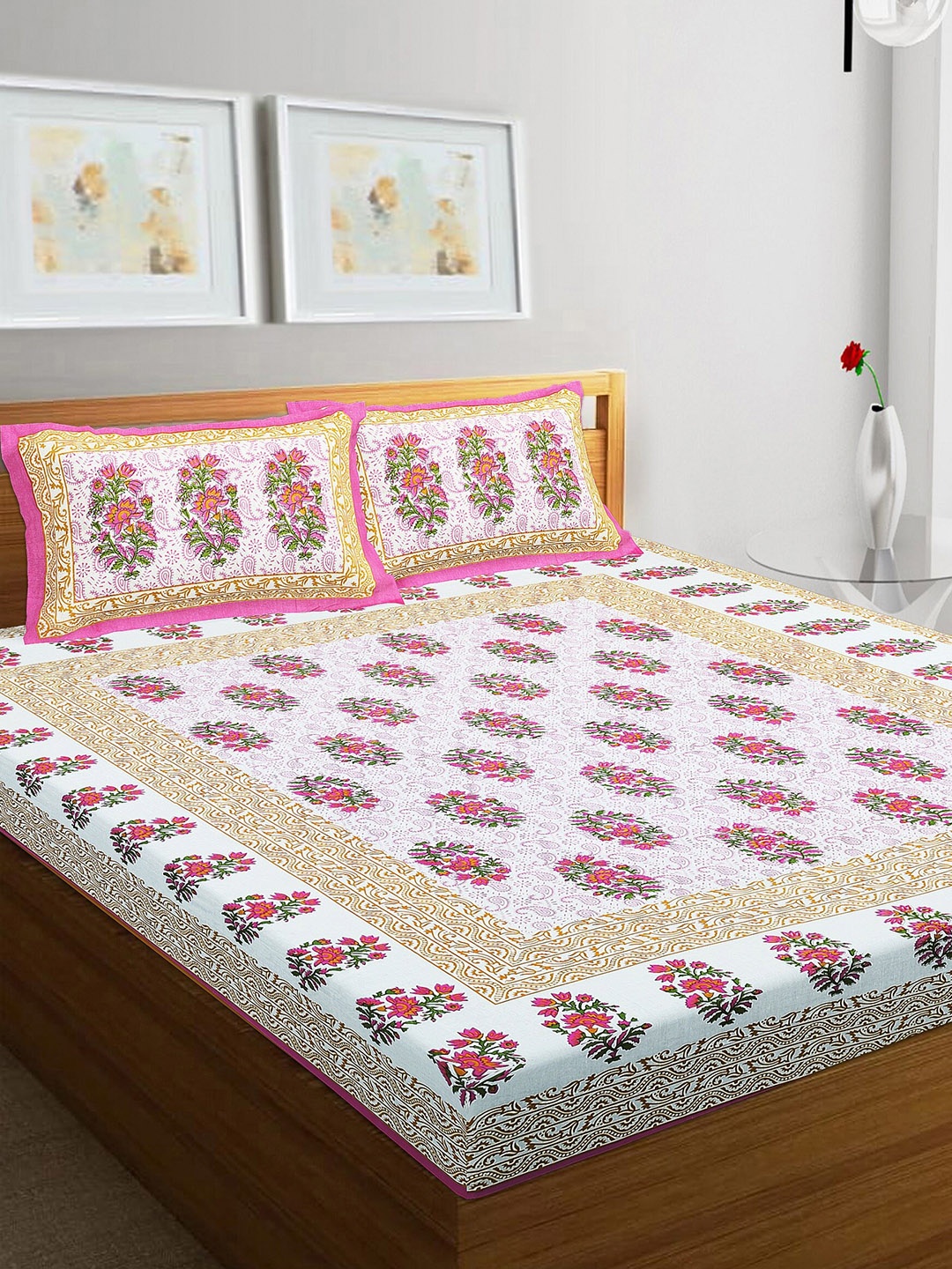 

Rajasthanikart Pink & White Floral 110 TC Queen Bedsheet with 2 Pillow Covers