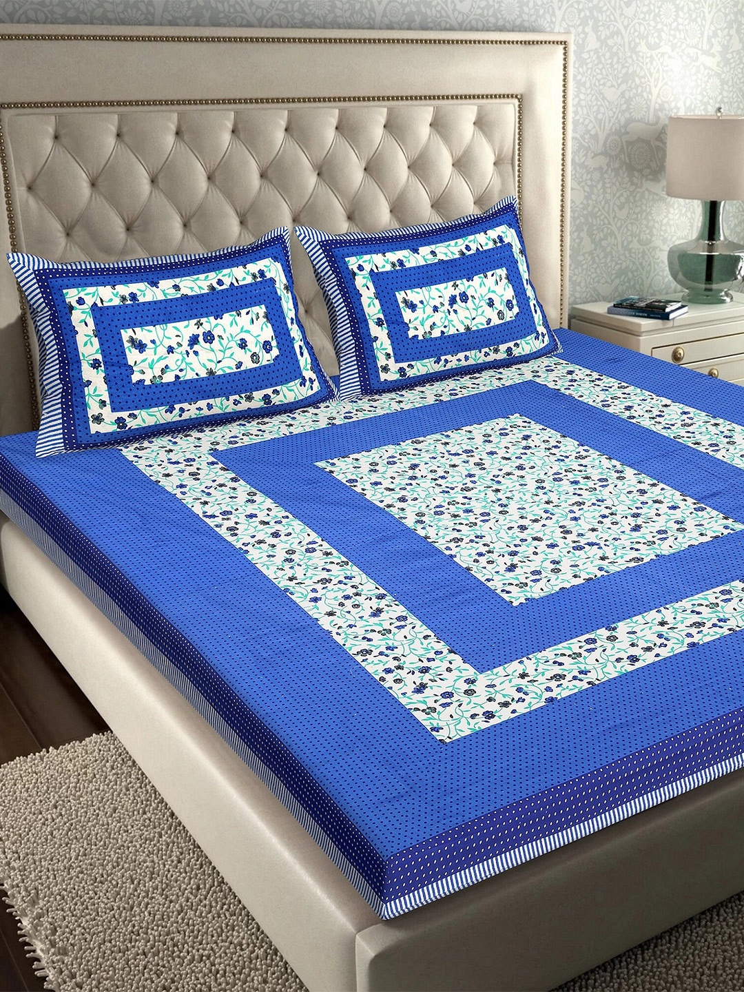 

Rajasthanikart Blue & White Floral 110 TC Queen Bedsheet with 2 Pillow Covers