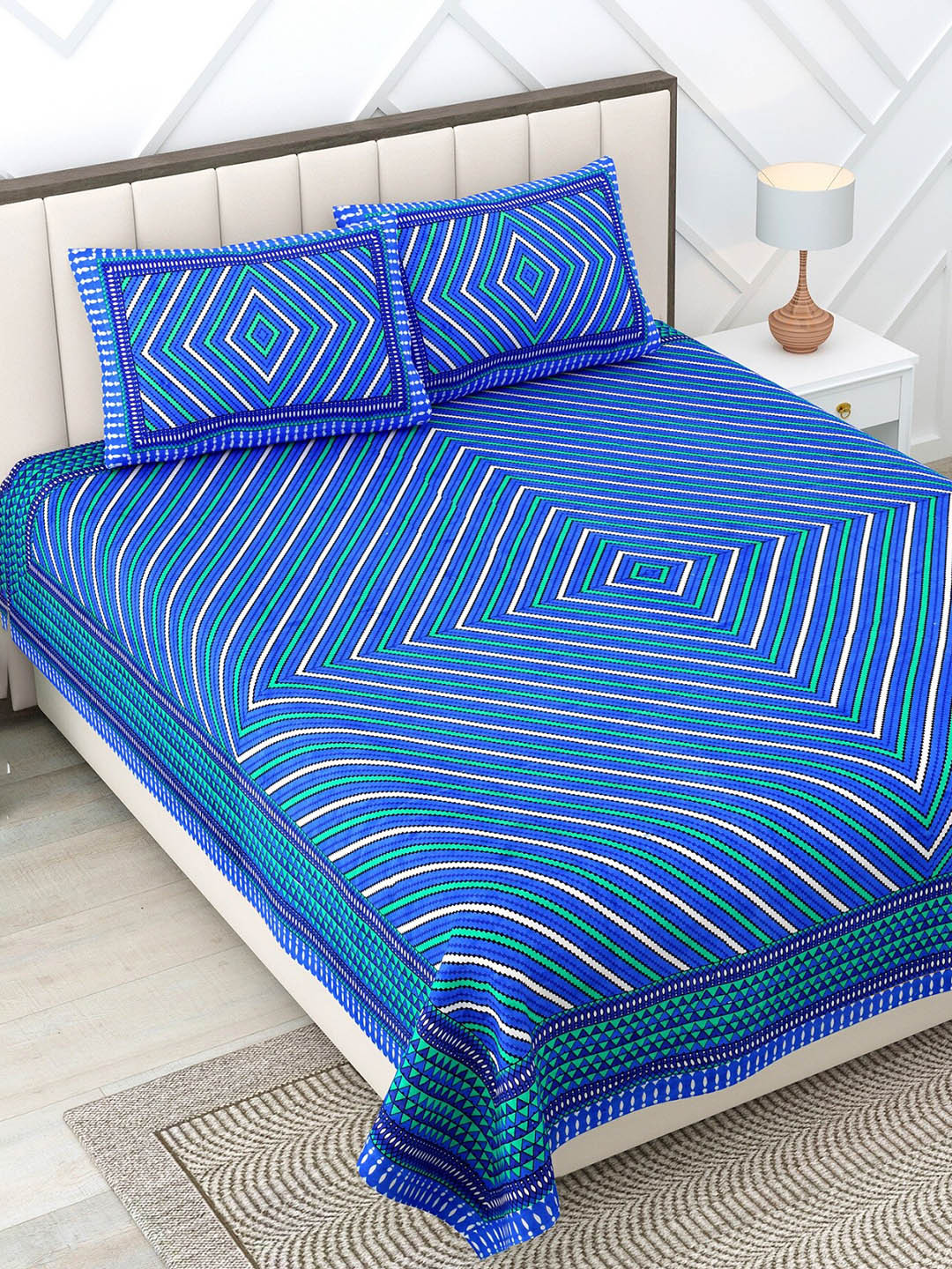 

Rajasthanikart Blue & White Striped Cotton 110 TC Queen Bedsheet With 2 Pillow Covers