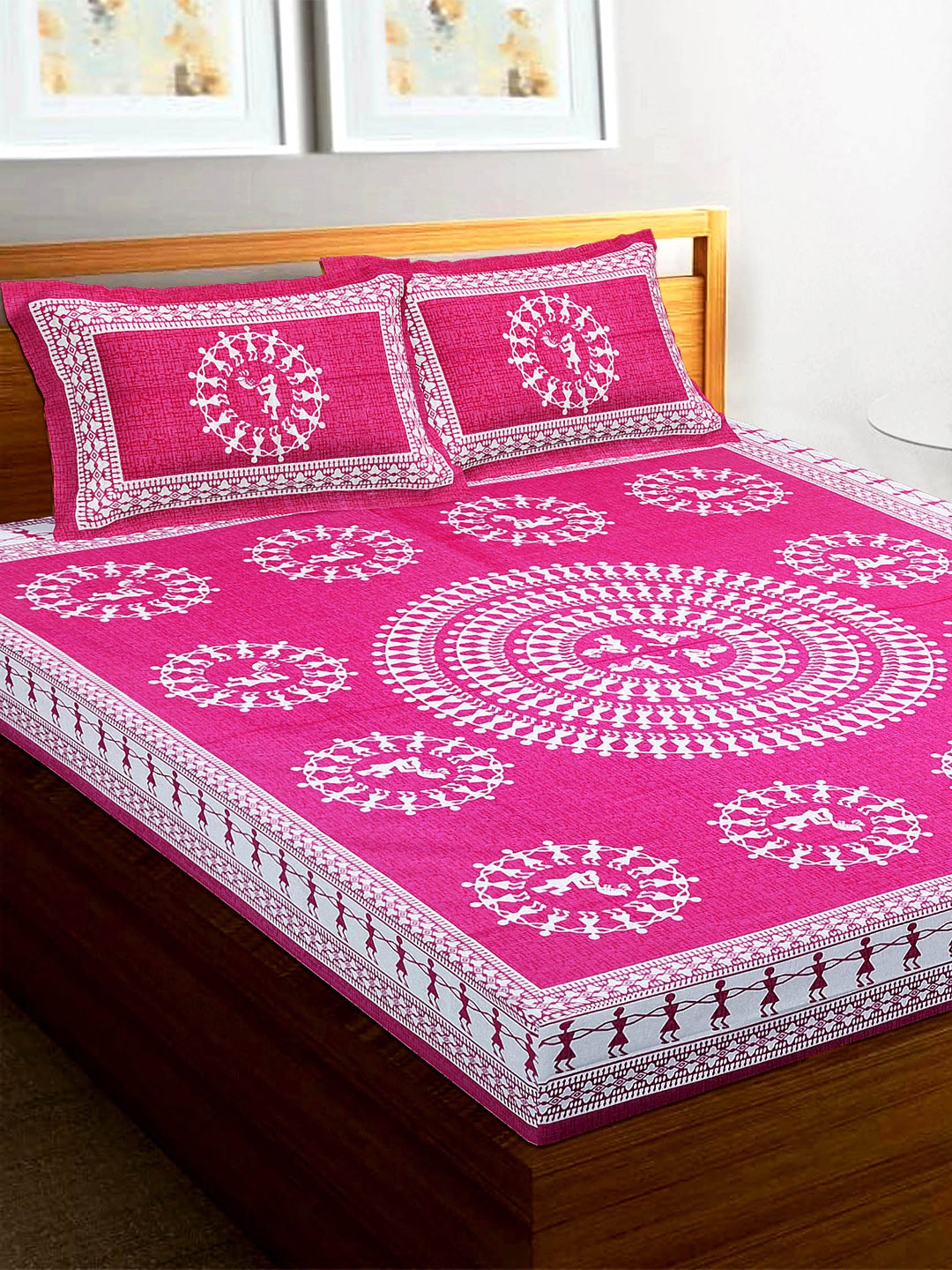 

Rajasthanikart Pink & White Ethnic Motifs 110 TC Queen Bedsheet with 2 Pillow Covers