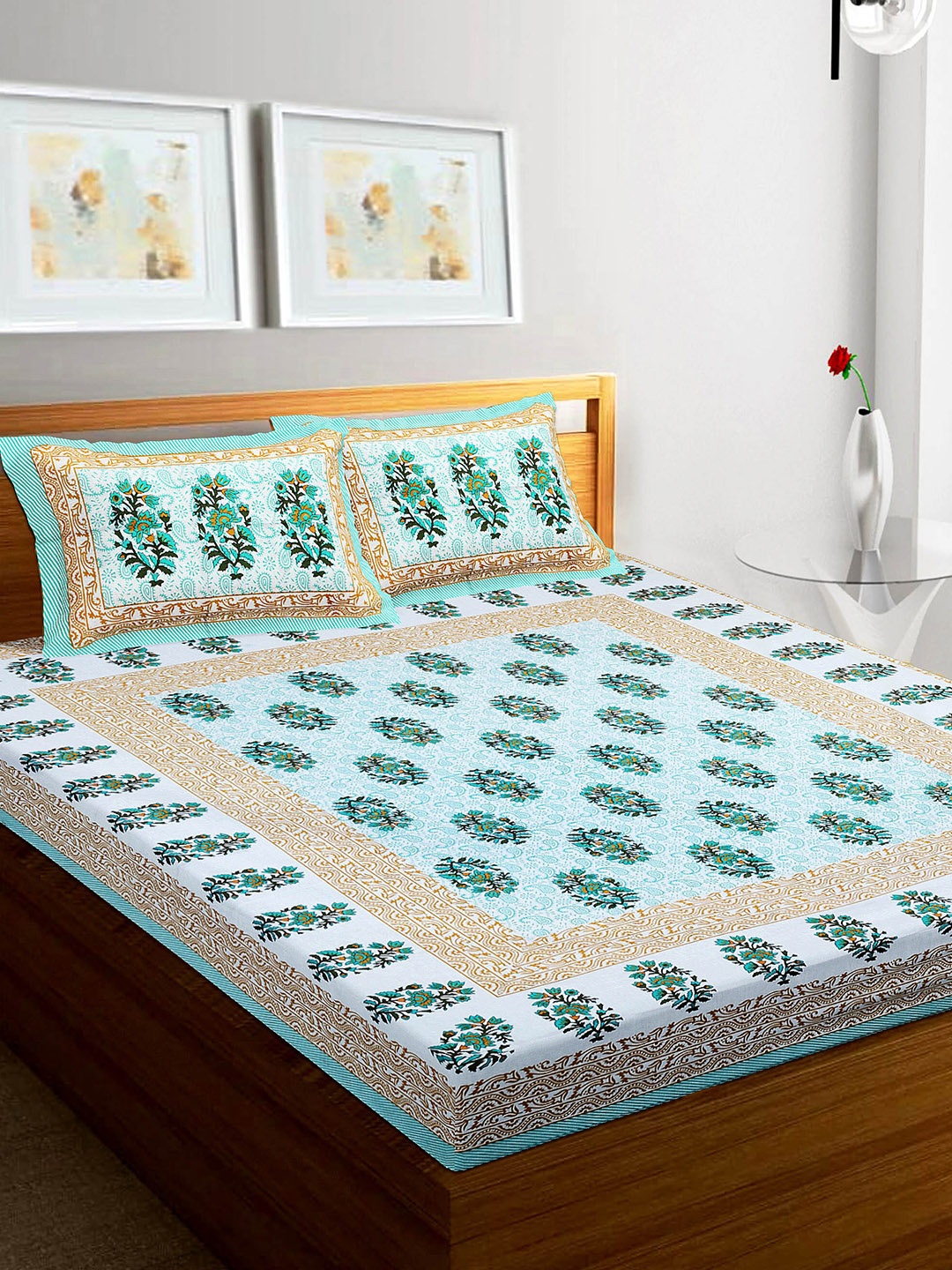

Rajasthanikart Green & White Floral 110 TC Queen Bedsheet with 2 Pillow Covers
