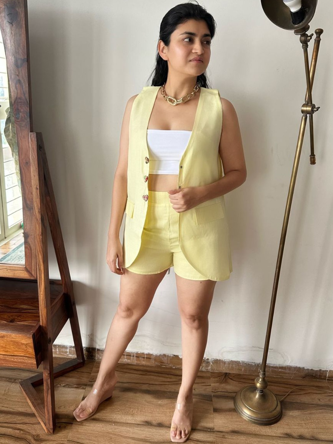 

FancyPants V-Neck Sleeveless Linen Top & Shorts, Yellow