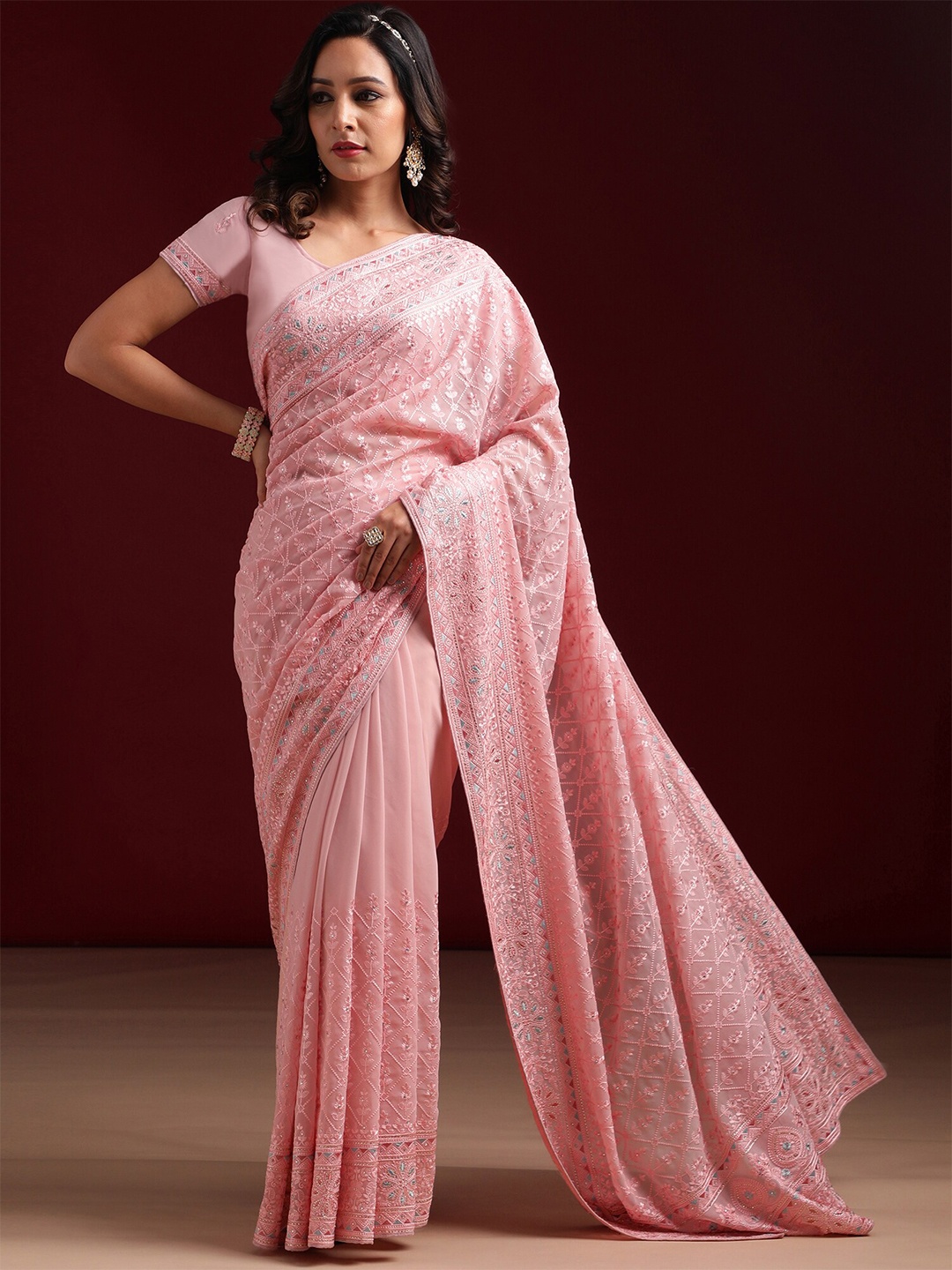 

kasee Floral Embroidered Organza Saree, Pink