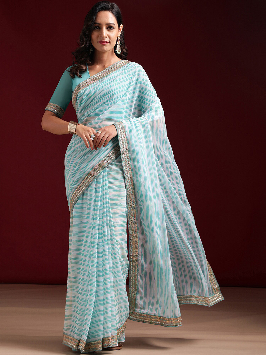 

kasee Striped Embroidered Saree, Sea green