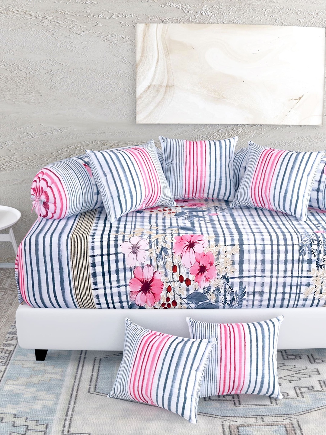 

Salona Bichona Austere 8-Pcs White & Pink Printed Cotton 144 TC Diwan Set