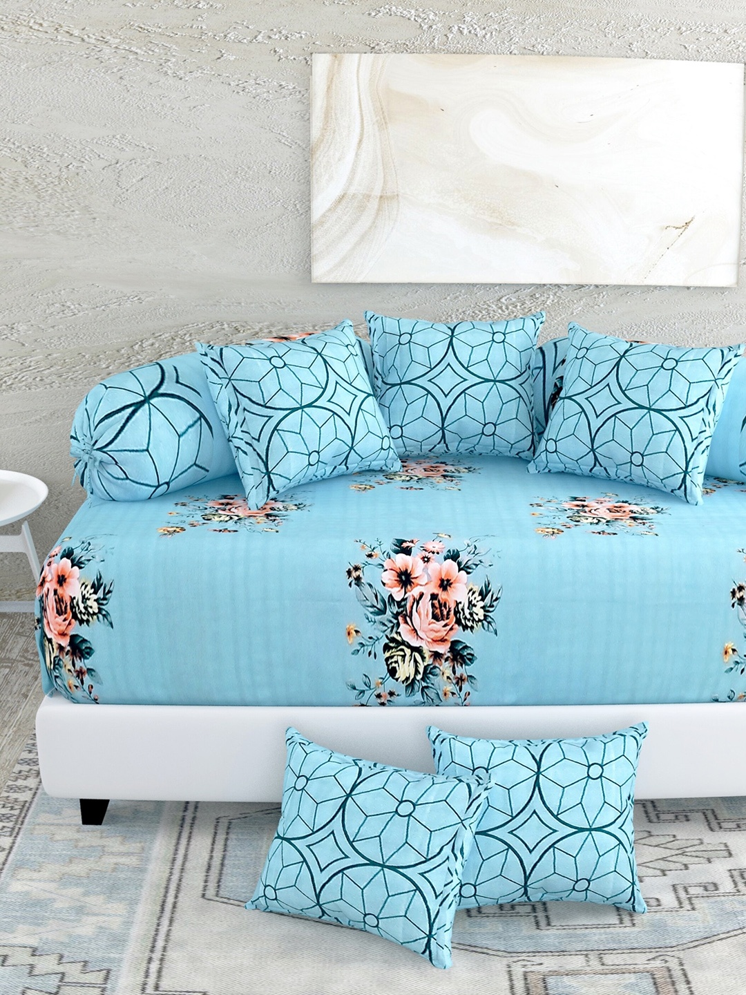 

Salona Bichona Austere 8-Pcs Blue & Pink Printed 144 TC Cotton Diwan Set