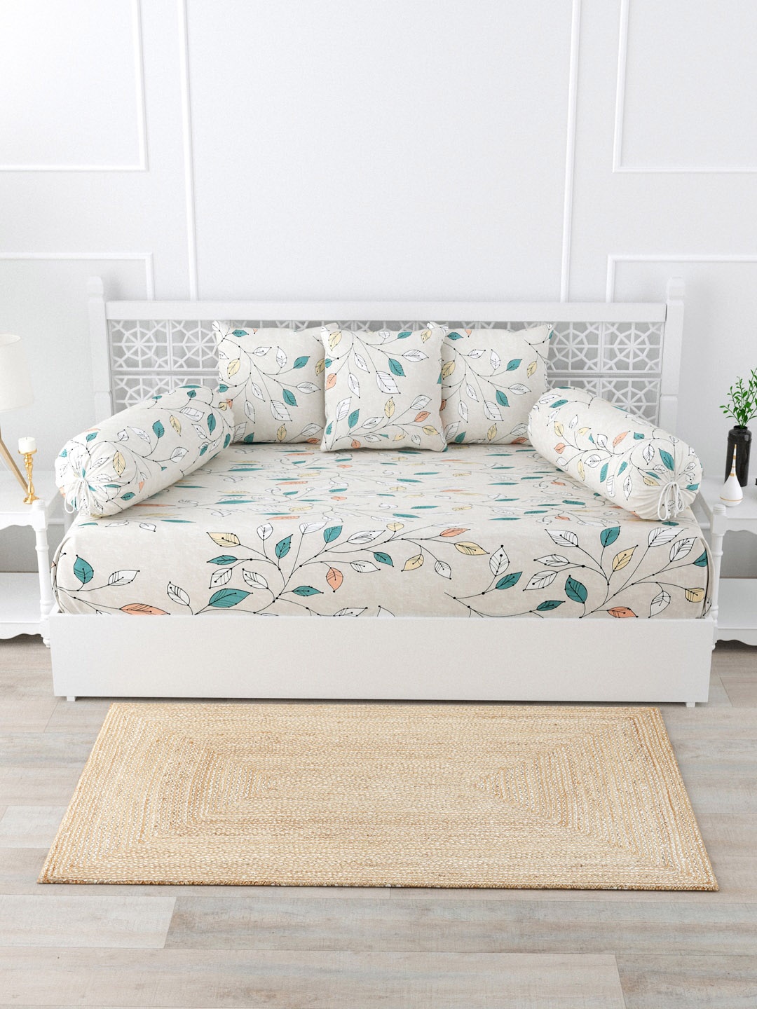 

Salona Bichona Impression Green & Beige 6 Pieces Printed 144 TC Diwan Set