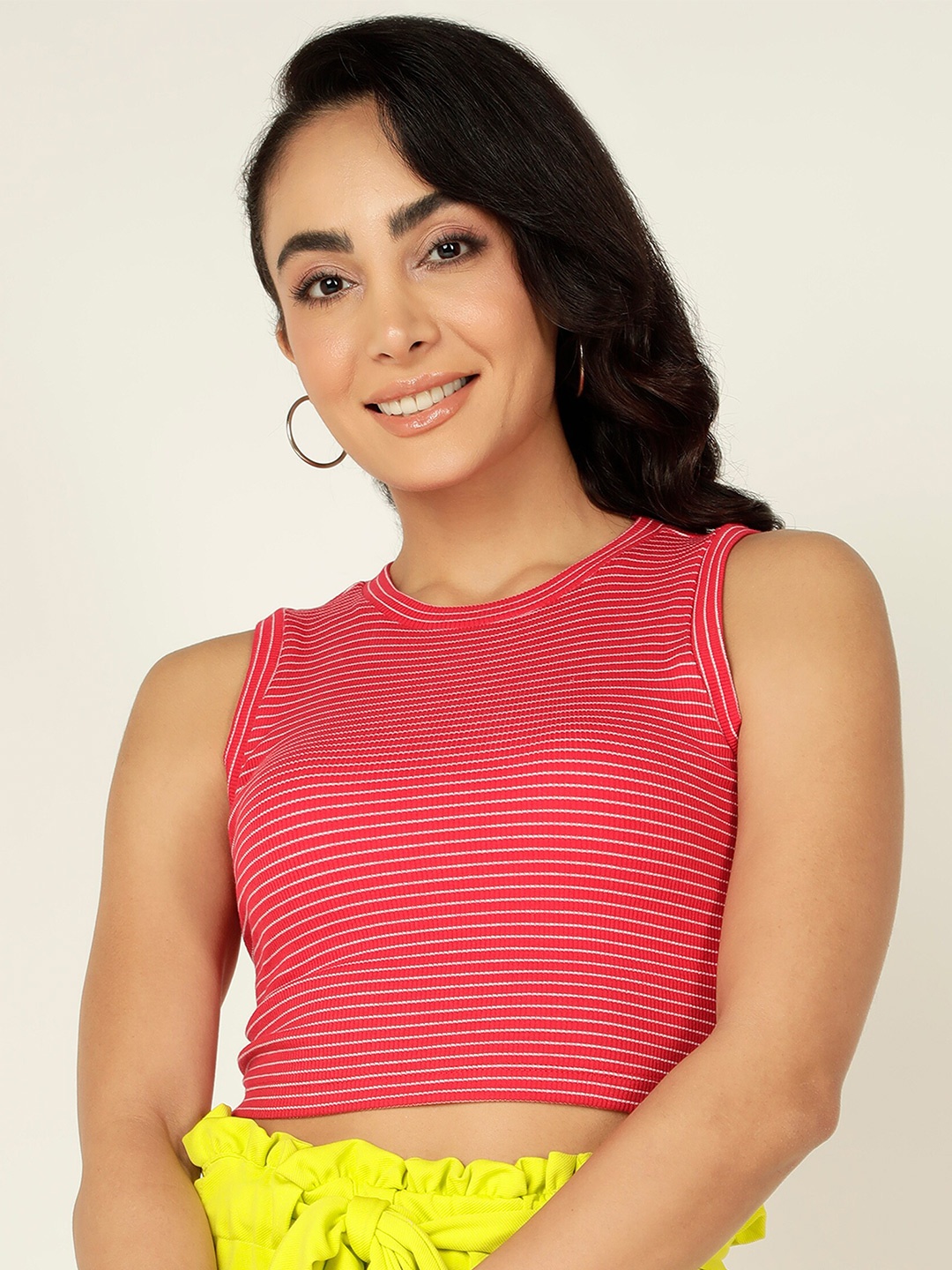 

Mast & Harbour Striped Fitted Crop Top, Red