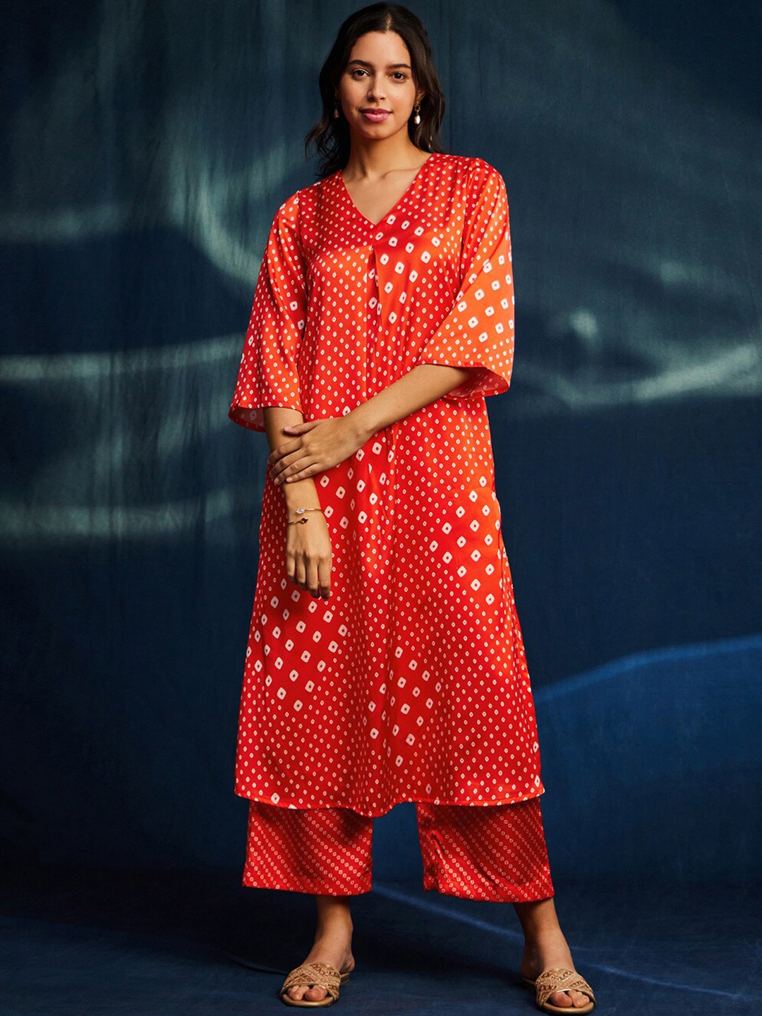 

Pink Fort Bandhani Printed Straight Regular Satin Kurta with Palazzos, Orange