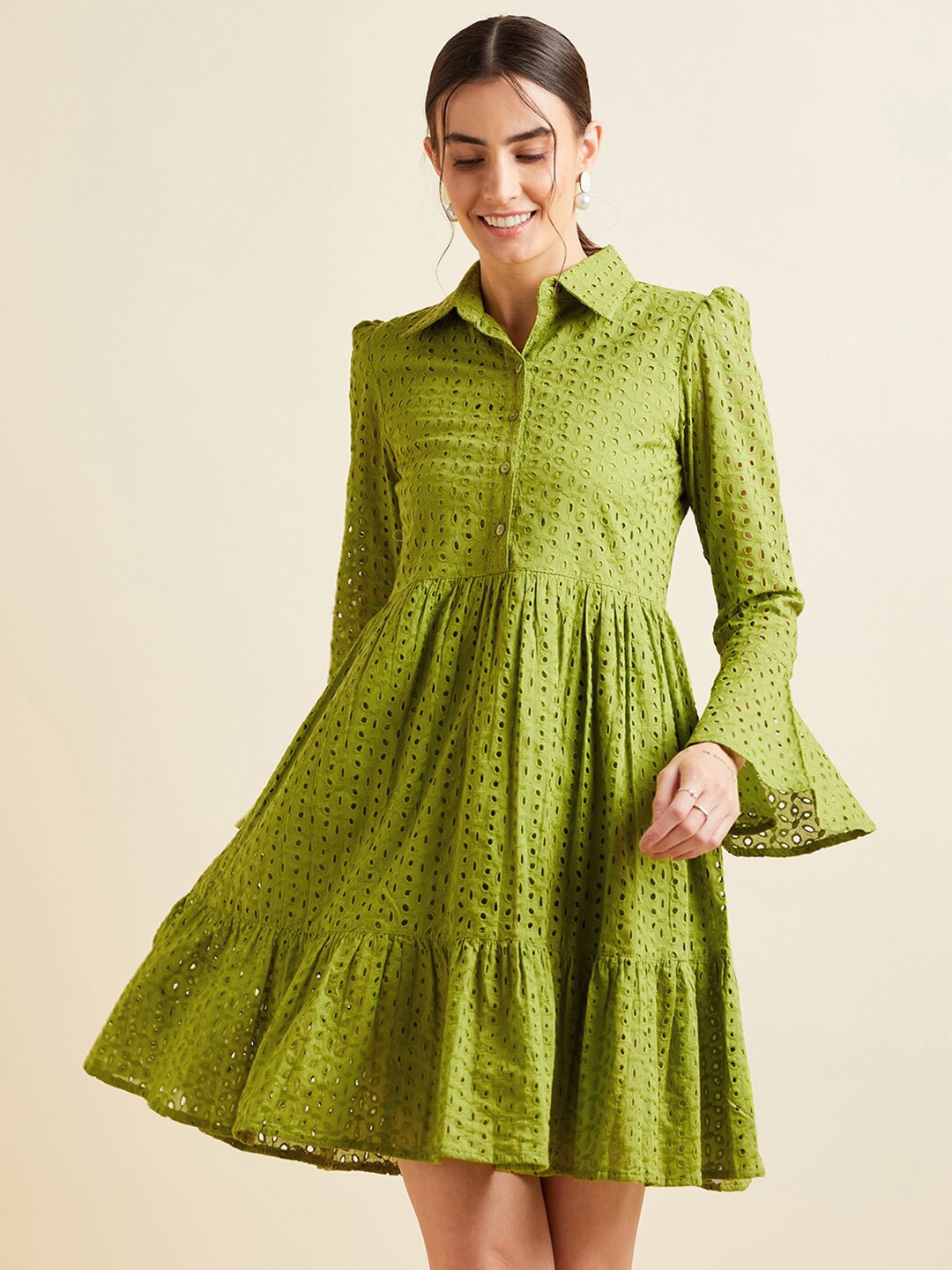 

PANIT Green Self Design Bell Sleeves Schiffli Cotton Fit & Flare Dress
