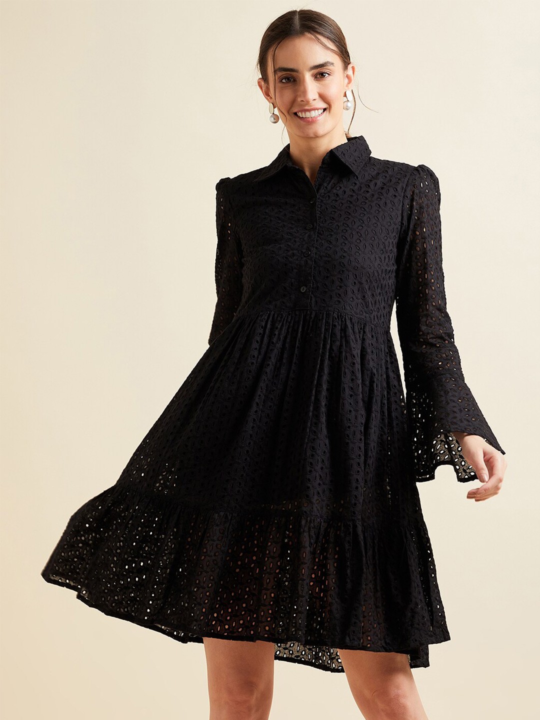 

PANIT Black Self Design Bell Sleeves Schiffli Cotton Fit & Flare Dress