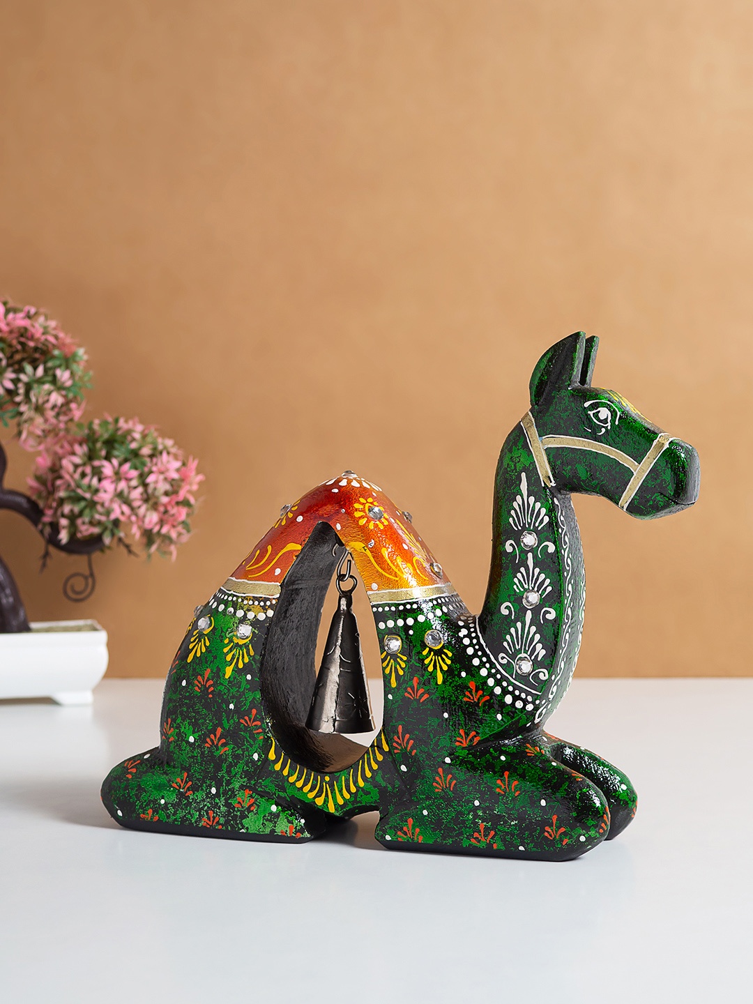 

Golden Peacock Green Camel Figurine Showpiece