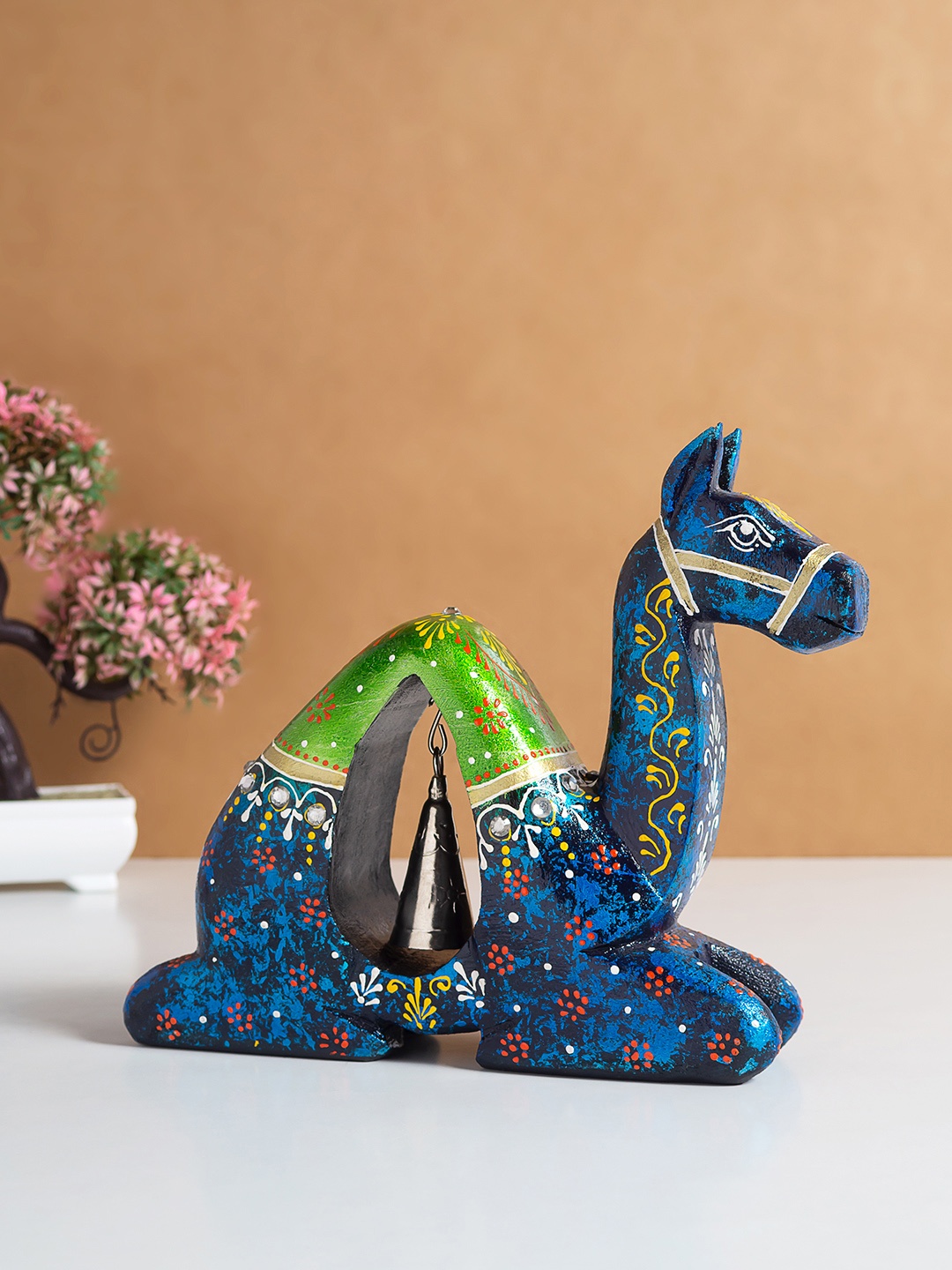 

Golden Peacock Blue & Green Camel Figurine Showpiece