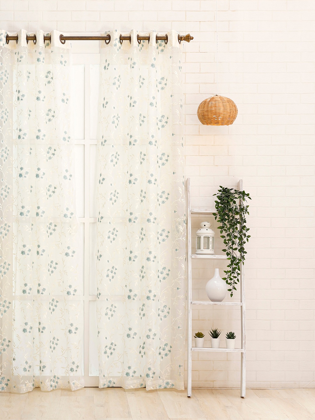 Ariana Blue & Off White Floral Sheer Door Curtain