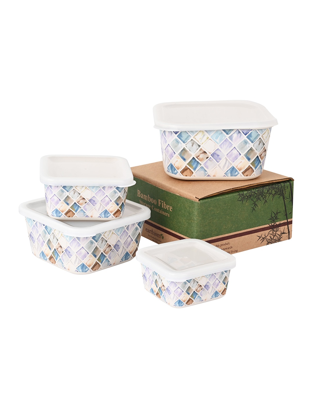 

earthism White & Blue 4 Pieces Printed Bamboo Storage Containers