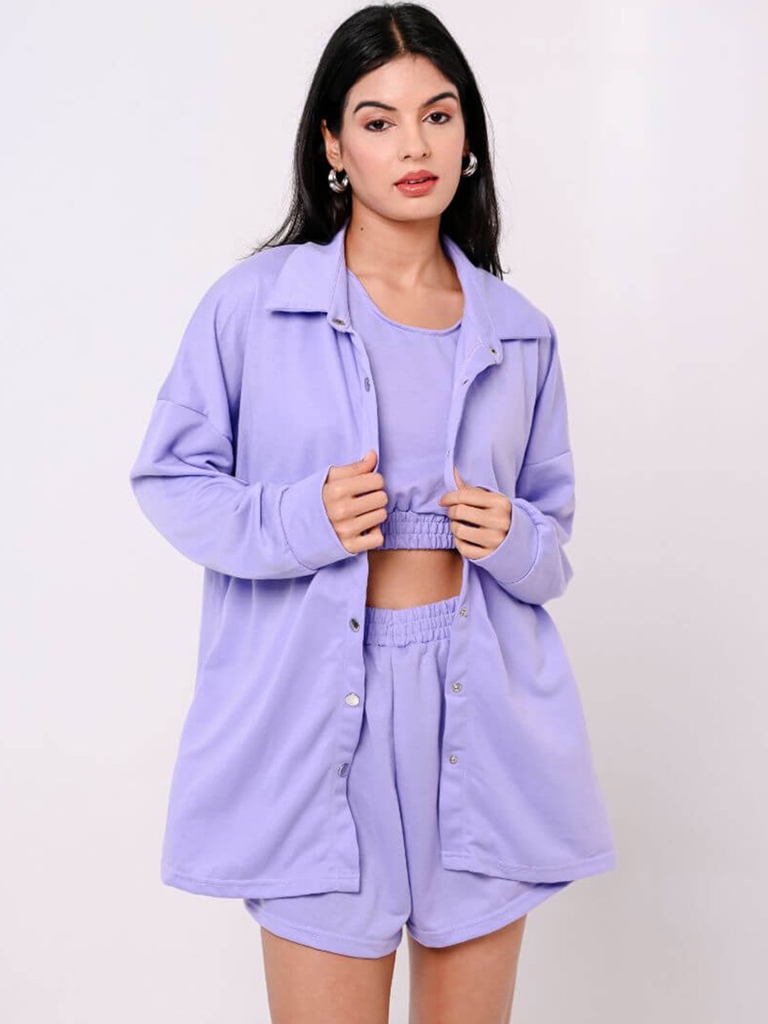 

FancyPants Round Neck Top With Shirt & Shorts, Lavender